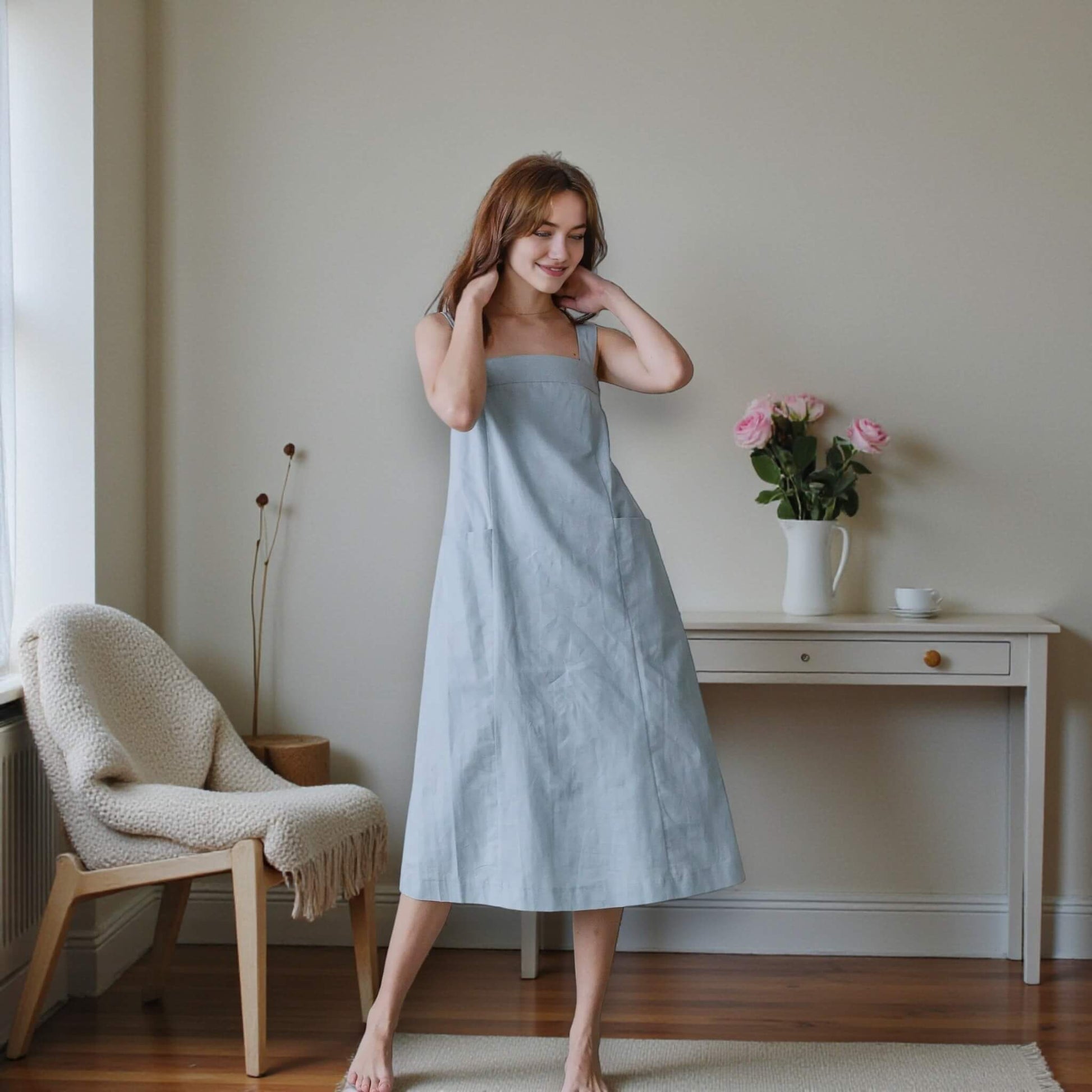 A Line Midi Dress, Square Neck Linen Midi Dress