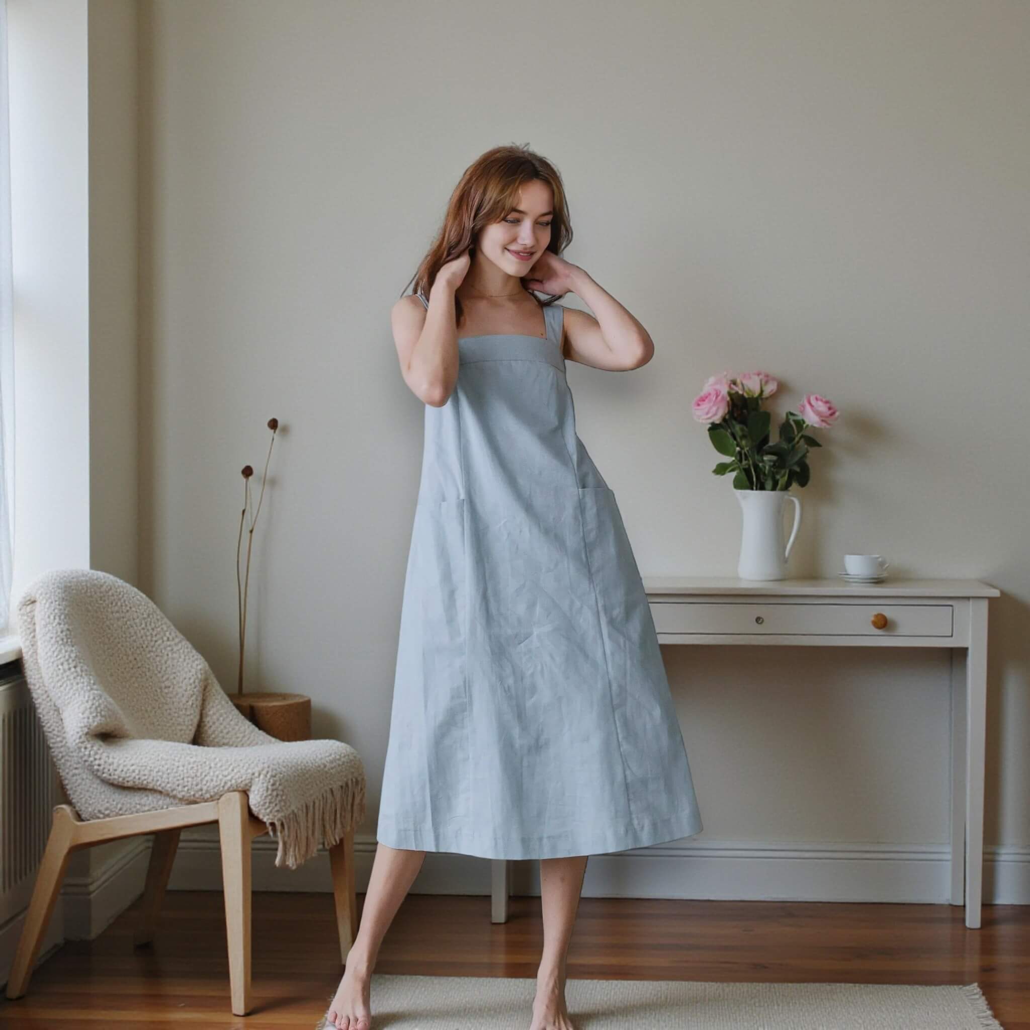 A Line Midi Dress, Square Neck Linen Midi Dress