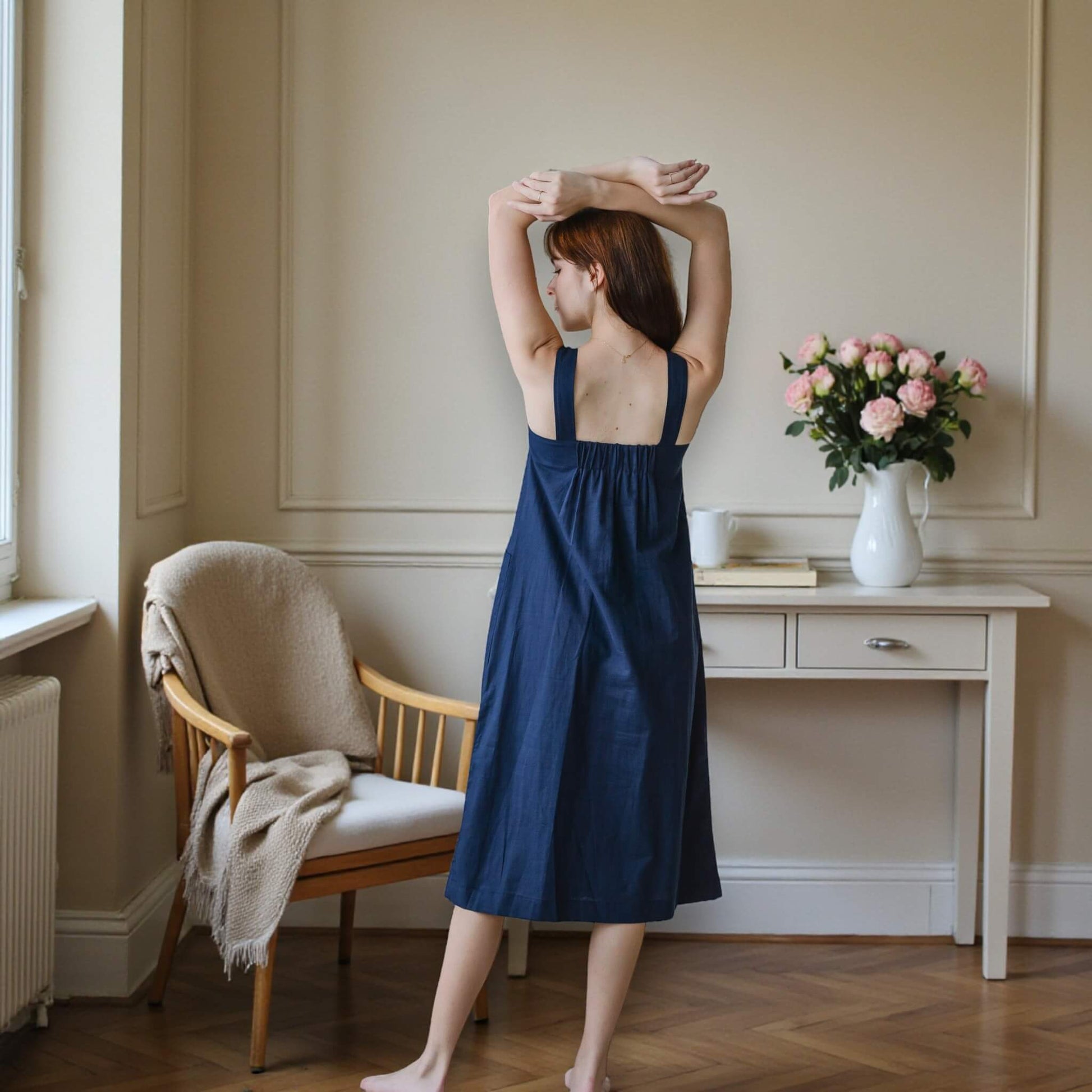 A Line Midi Dress, Square Neck Linen Midi Dress