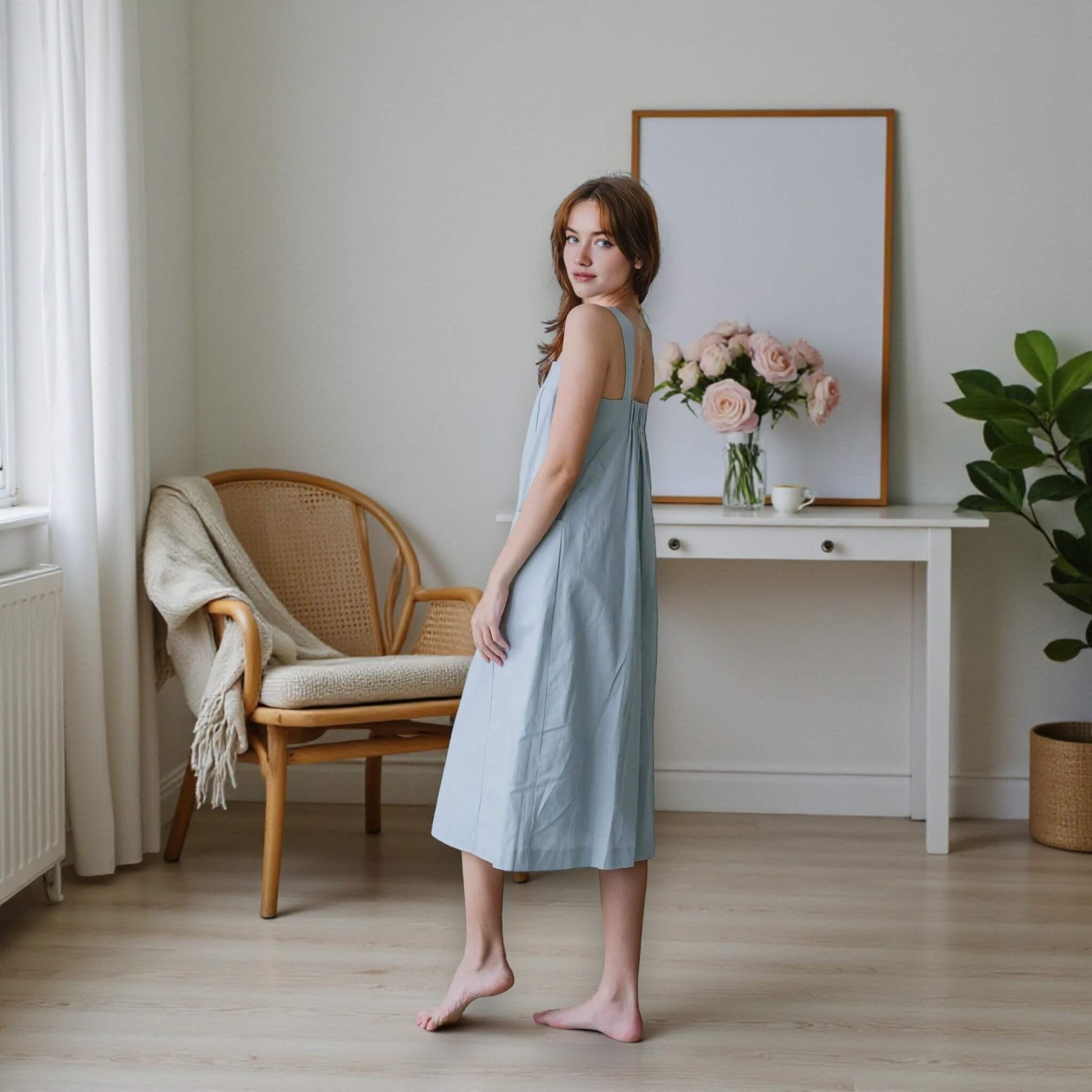 A Line Midi Dress, Square Neck Linen Midi Dress