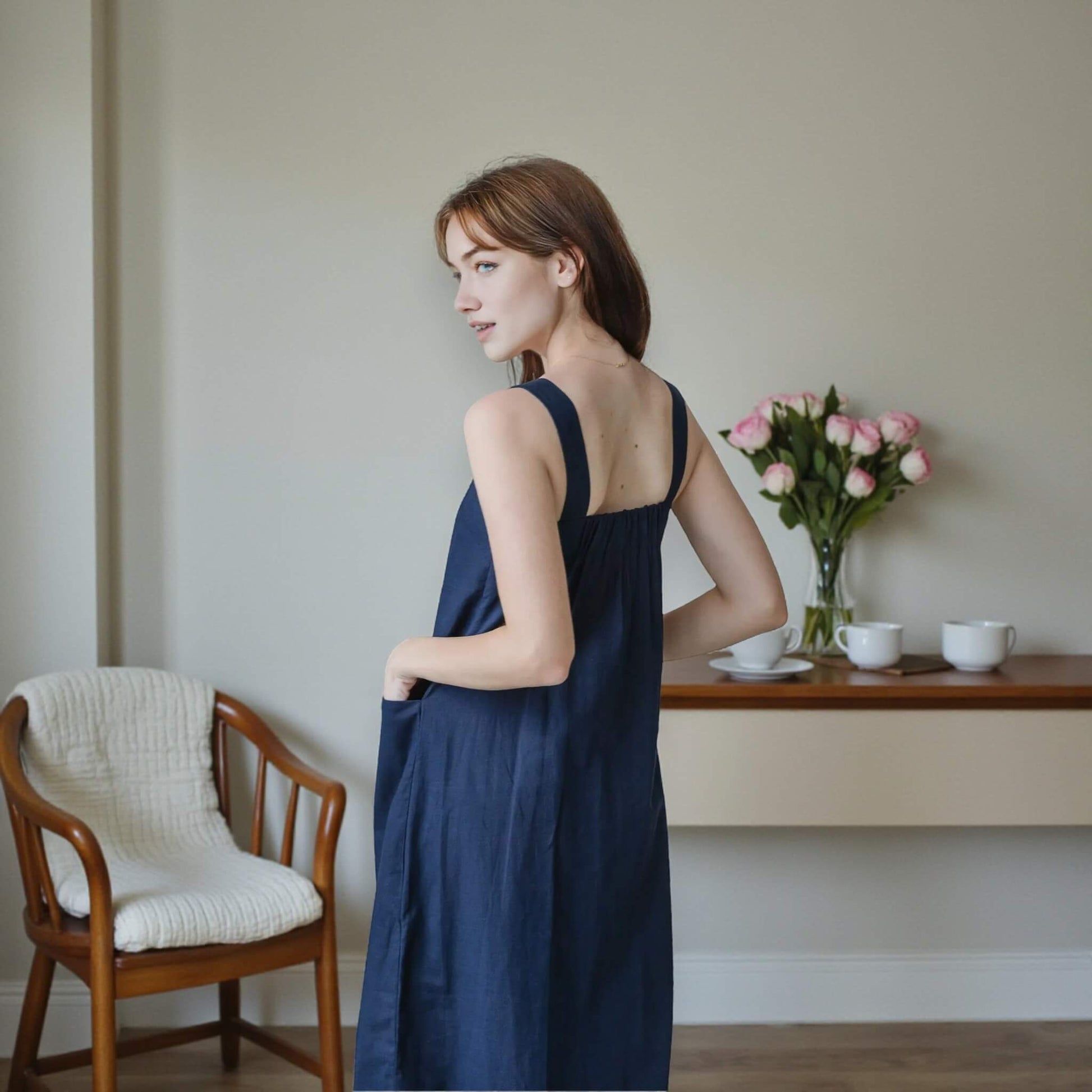 A Line Midi Dress, Square Neck Linen Midi Dress