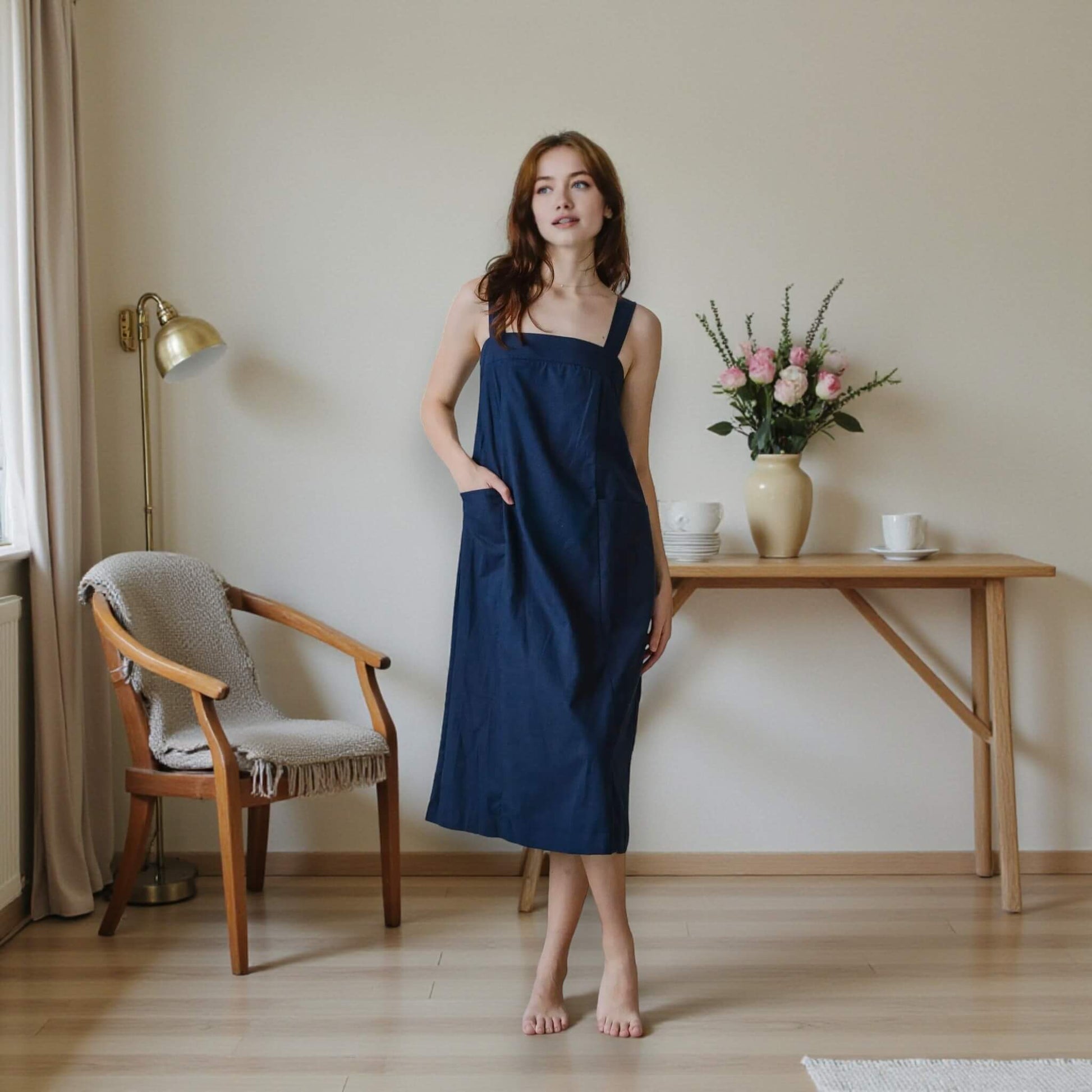 A Line Midi Dress, Square Neck Linen Midi Dress