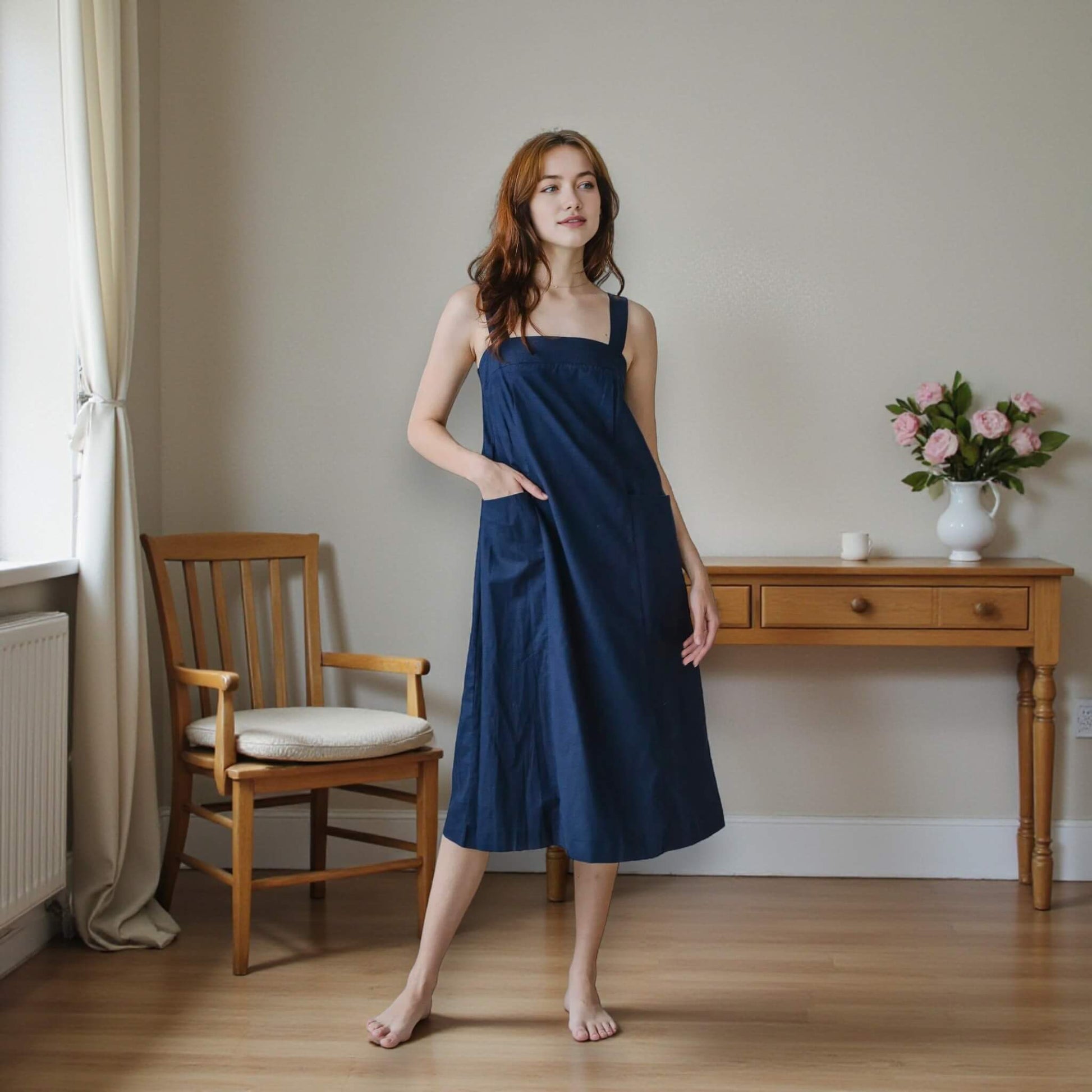 A Line Midi Dress, Square Neck Linen Midi Dress