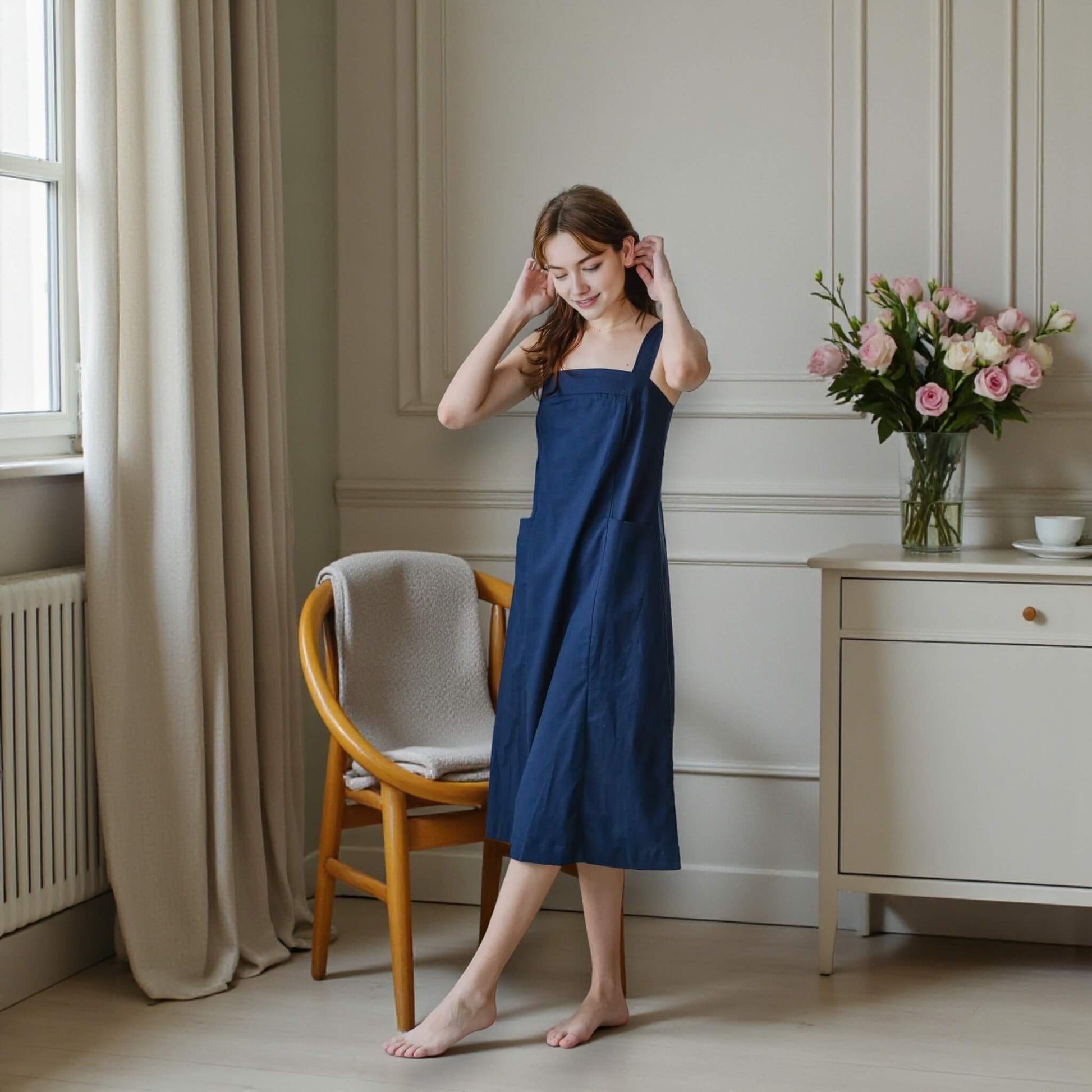 A Line Midi Dress, Square Neck Linen Midi Dress