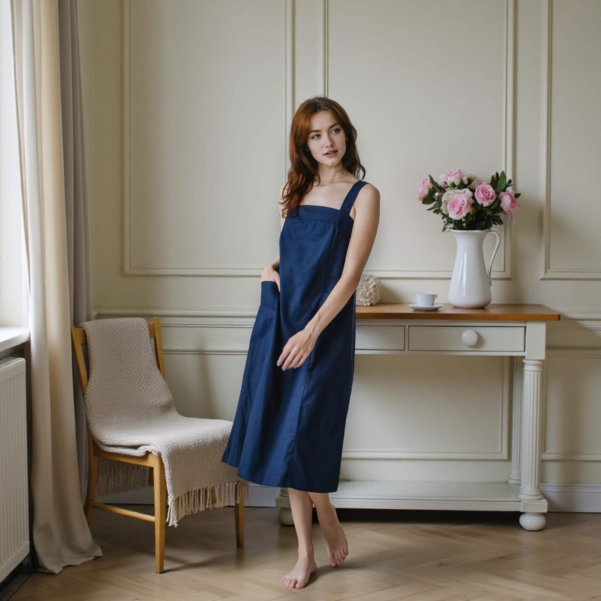 A Line Midi Dress, Square Neck Linen Midi Dress