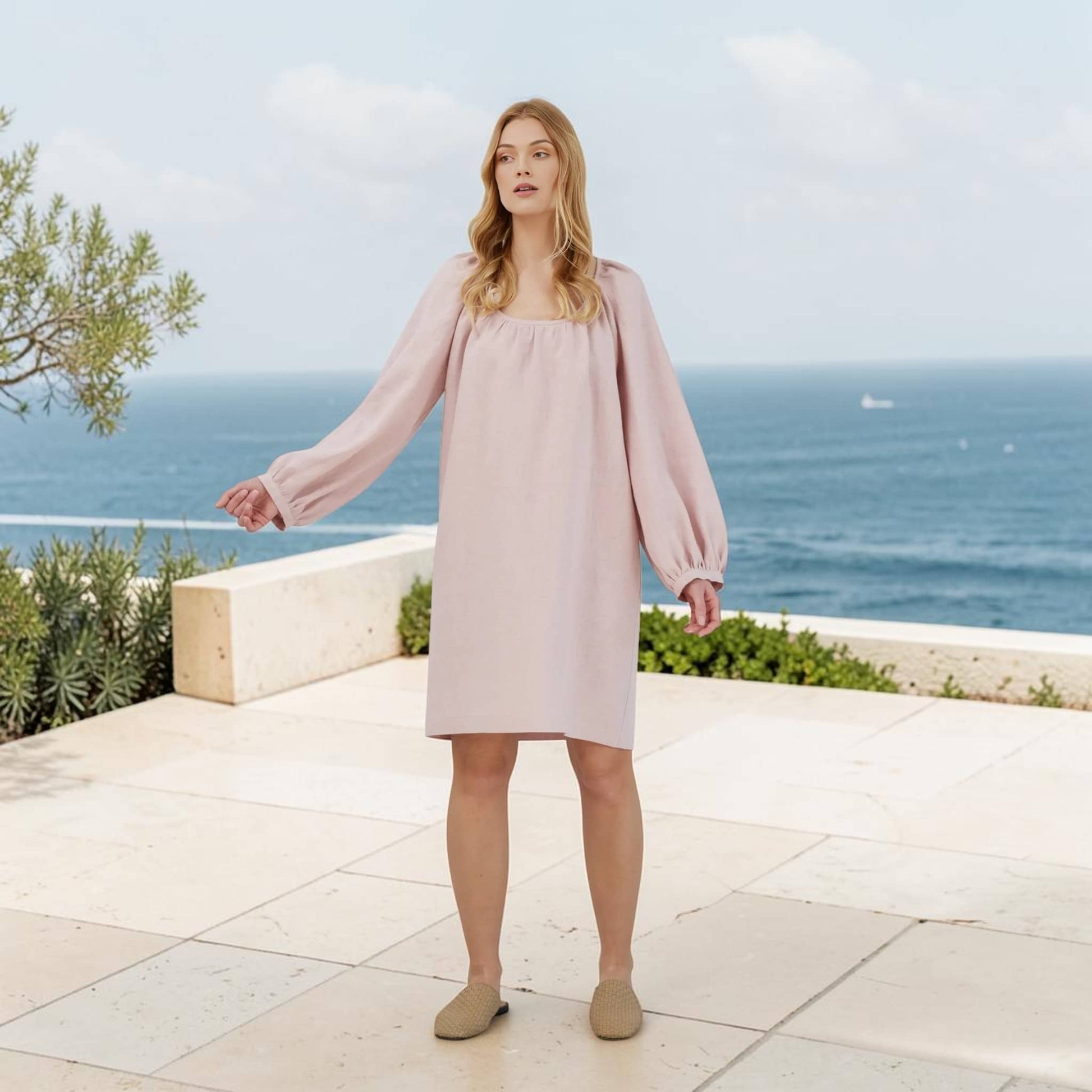 Balloon Sleeve Linen Mini Dress, Scoop Neck