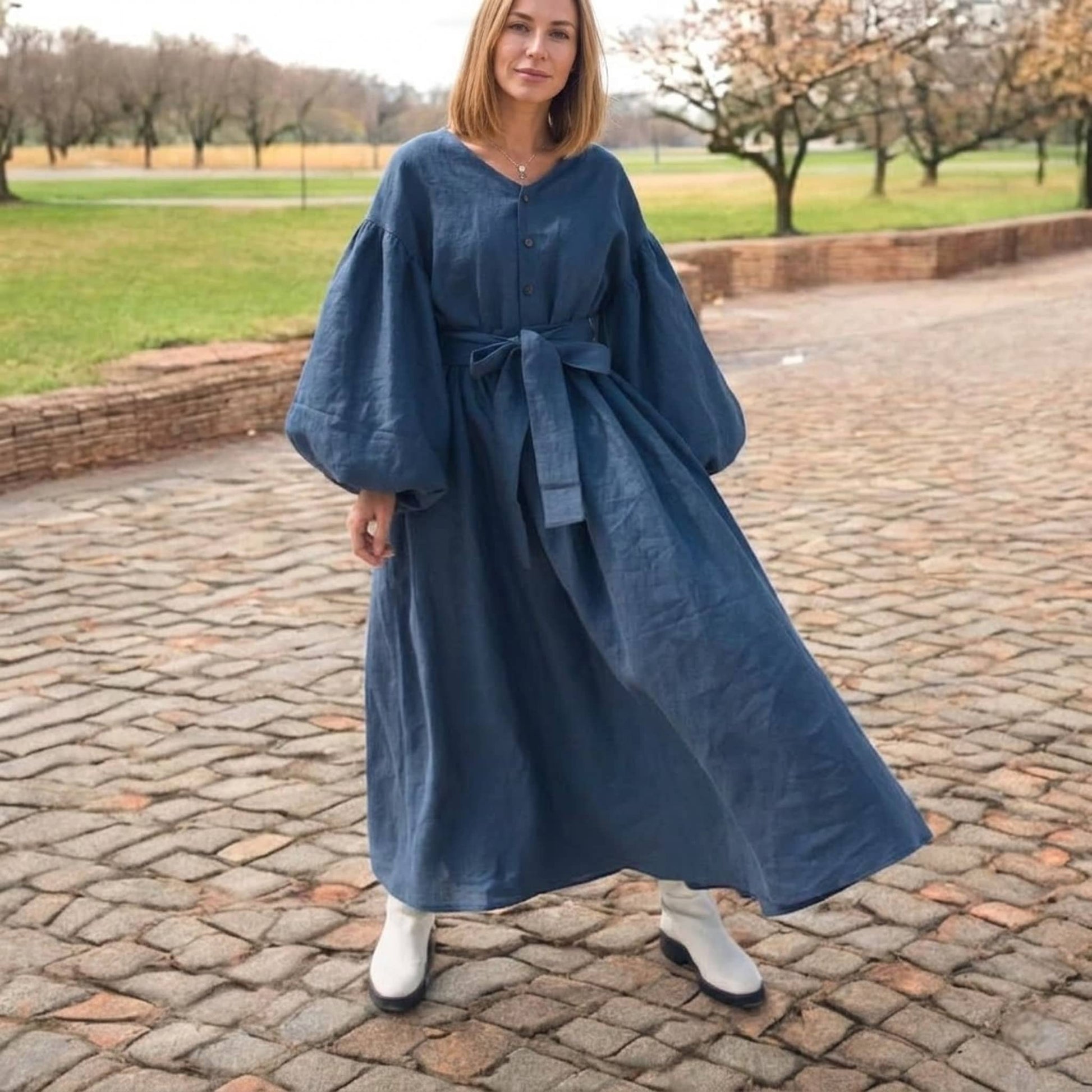 Balloon Sleeve Maxi Dress, Long Sleeve Linen Dress
