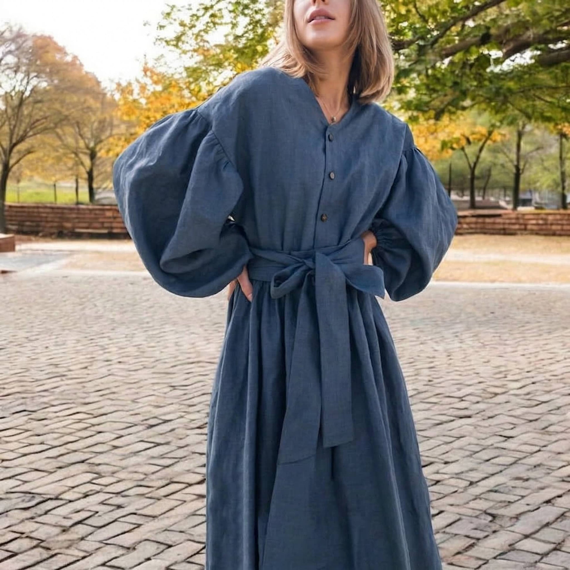 Balloon Sleeve Maxi Dress, Long Sleeve Linen Dress