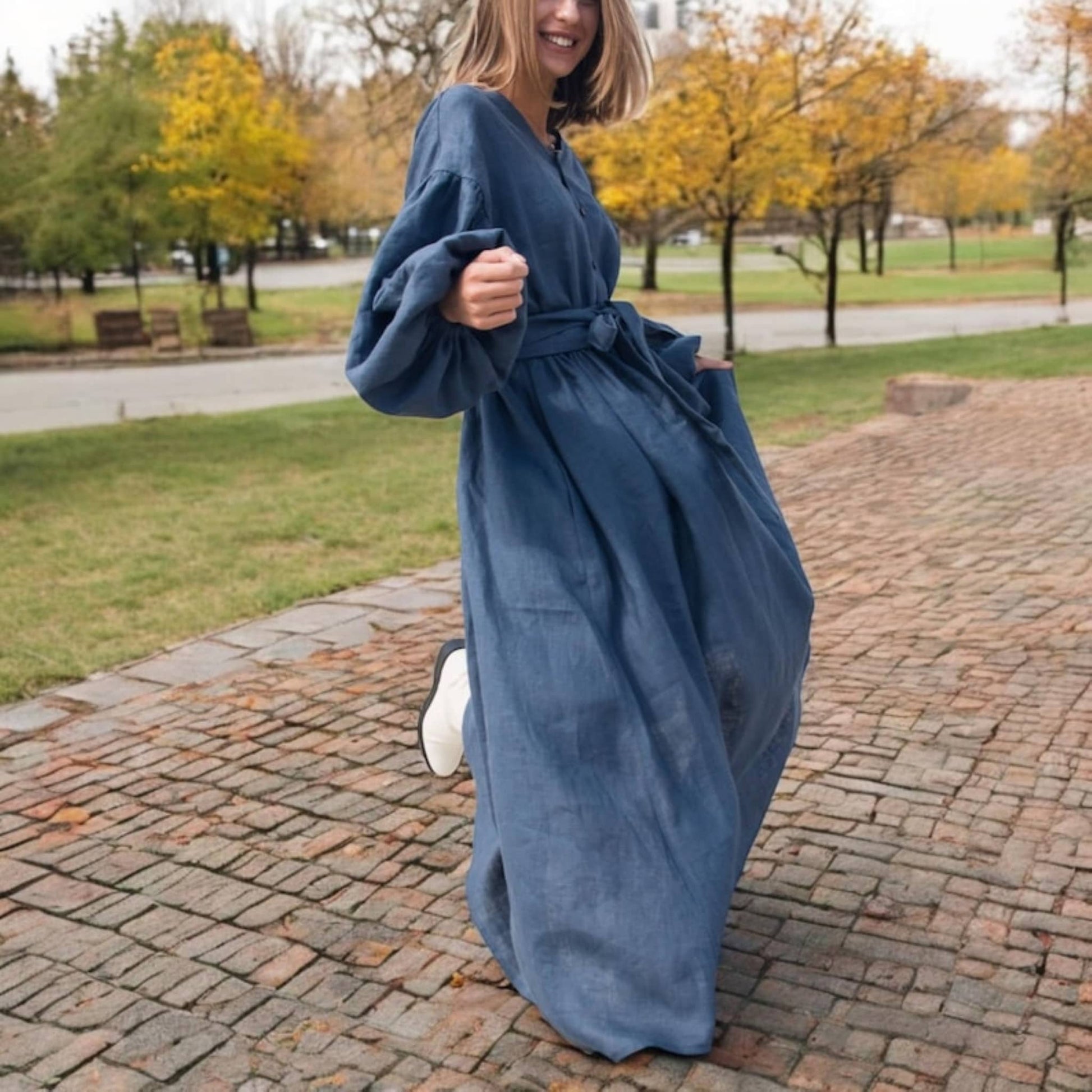 Balloon Sleeve Maxi Dress, Long Sleeve Linen Dress
