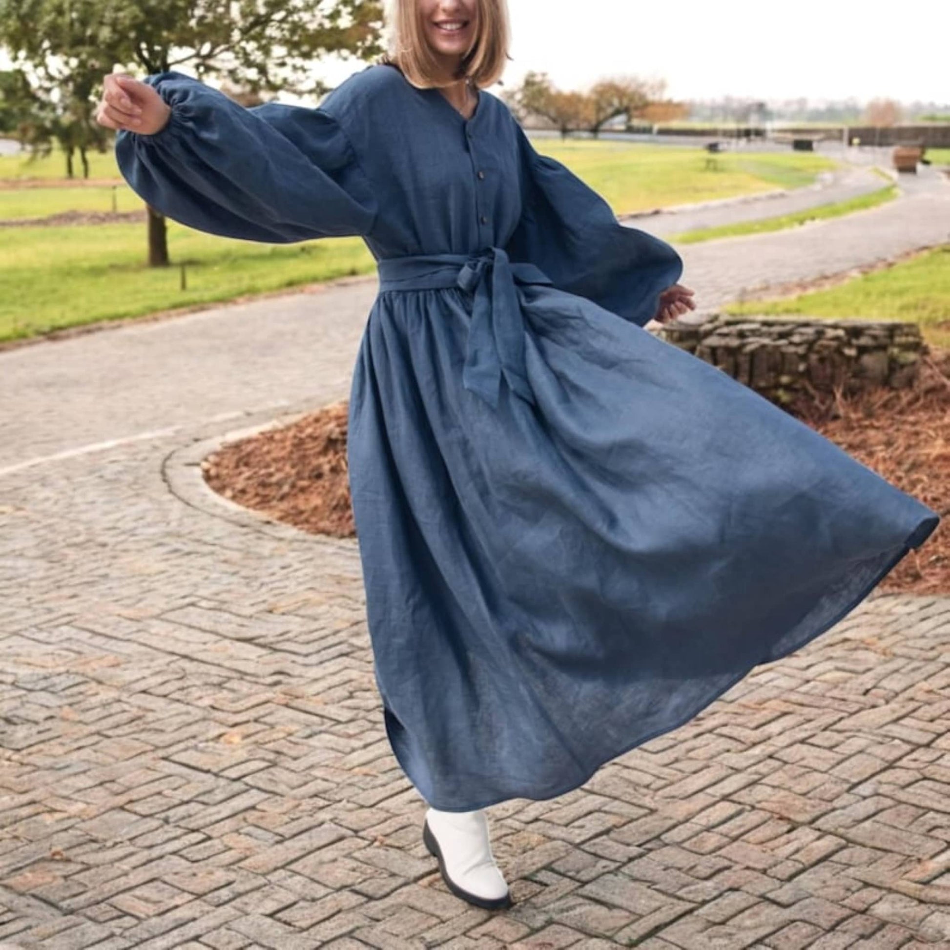 Balloon Sleeve Maxi Dress, Long Sleeve Linen Dress