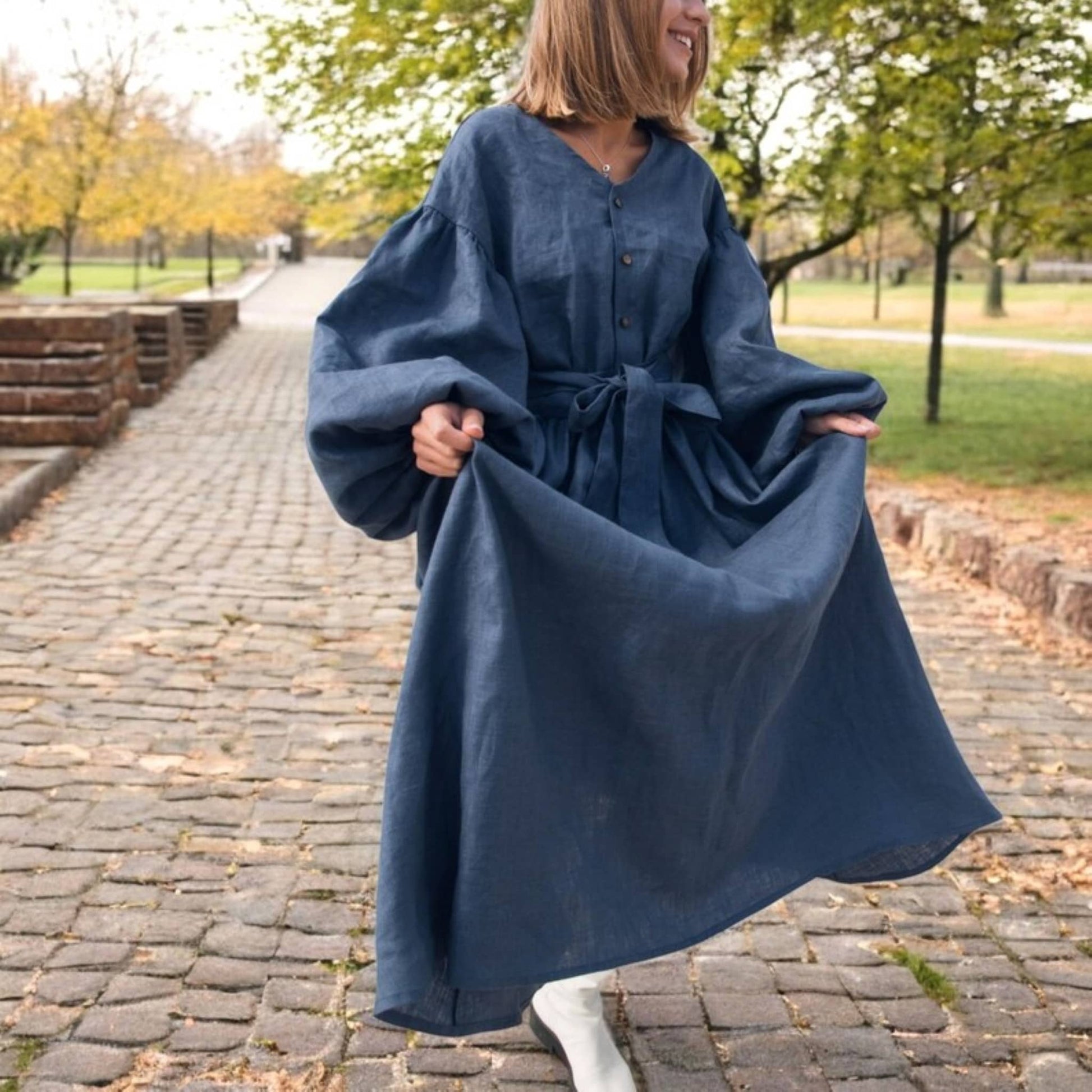 Balloon Sleeve Maxi Dress, Long Sleeve Linen Dress