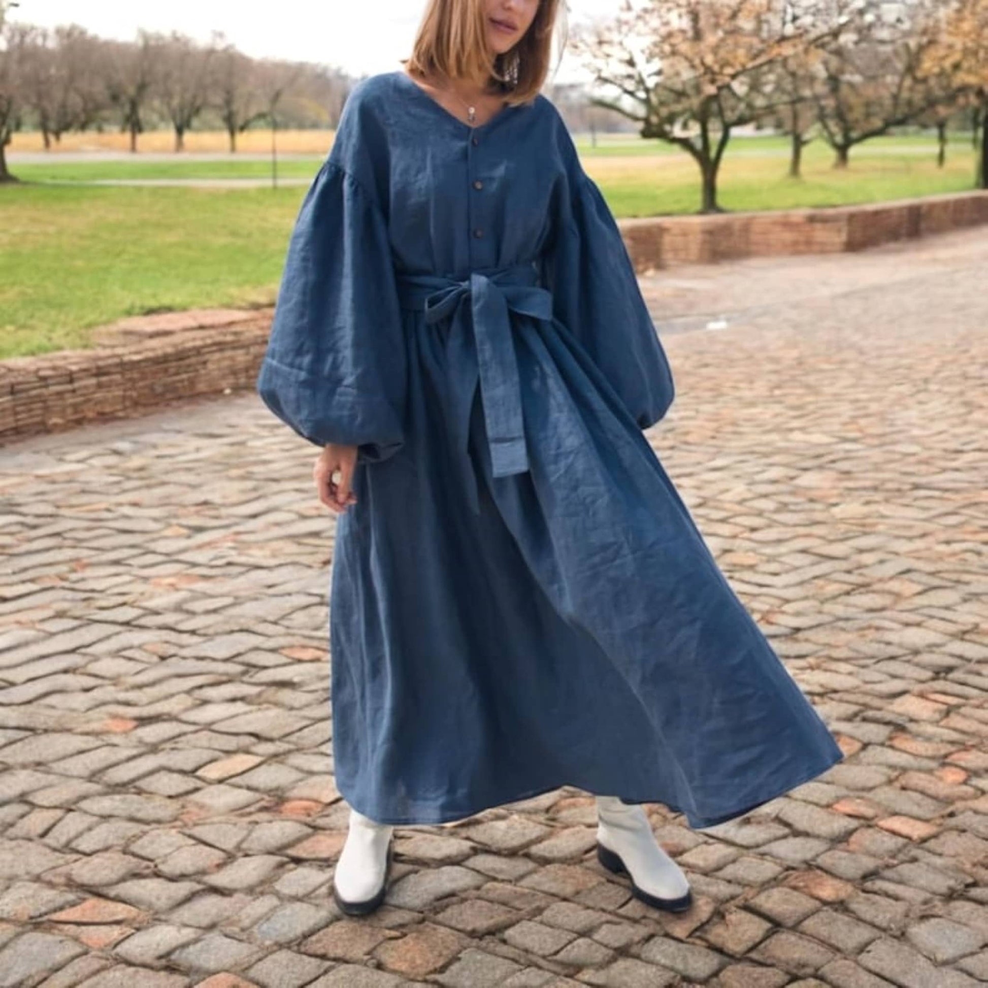 Balloon Sleeve Maxi Dress, Long Sleeve Linen Dress