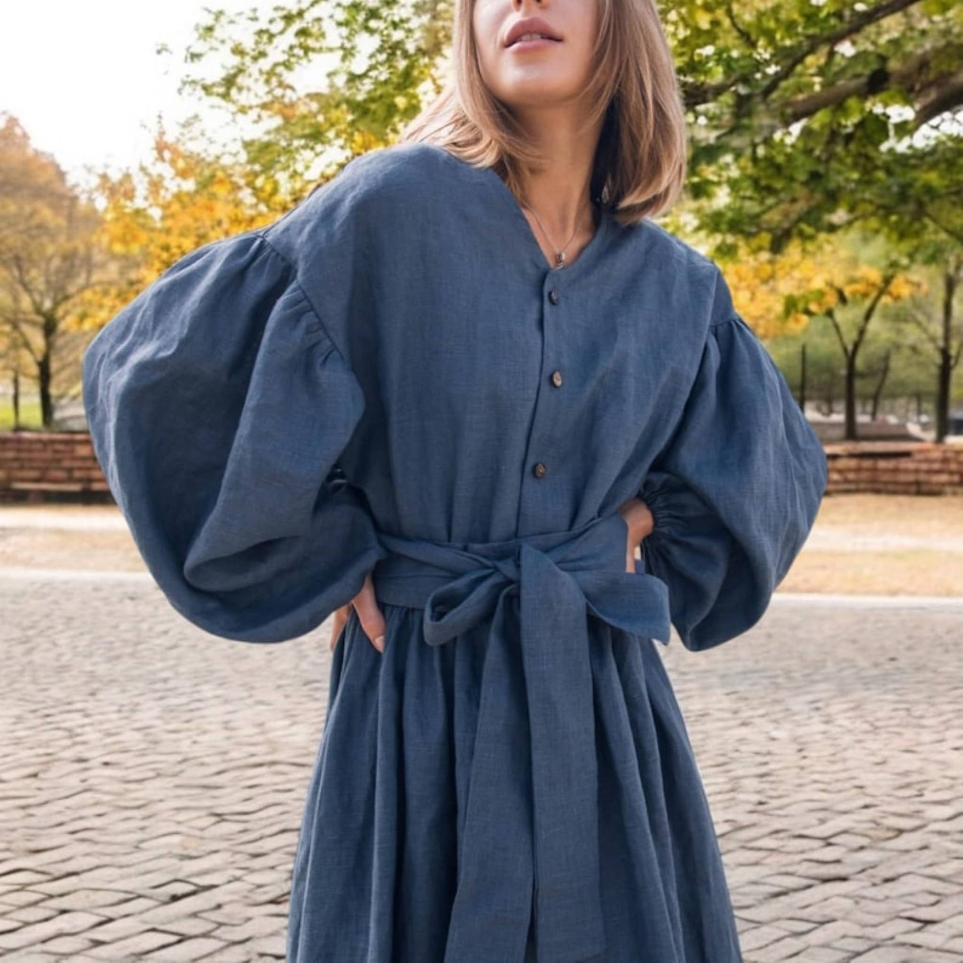 Balloon Sleeve Maxi Dress, Long Sleeve Linen Dress