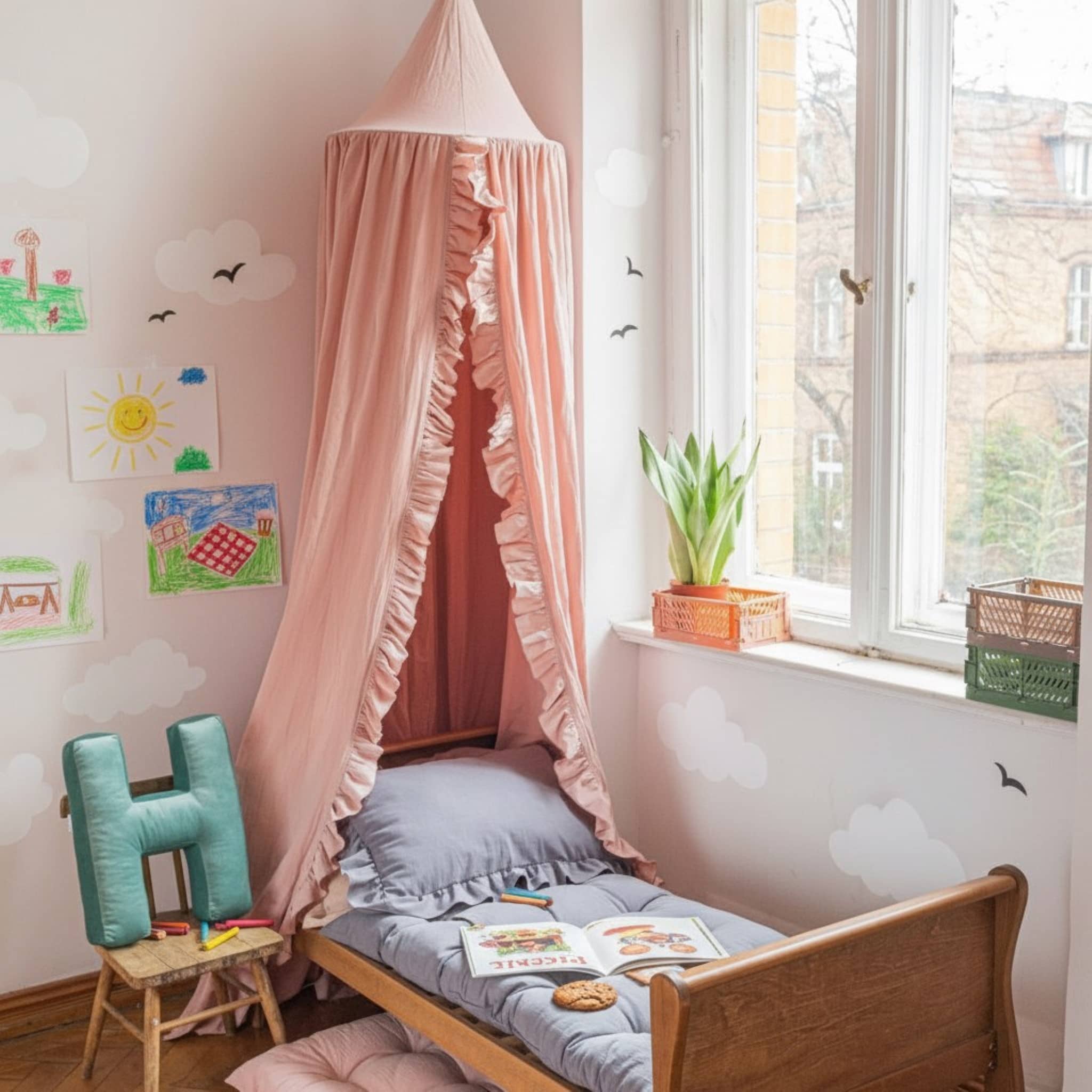 Bed Canopy Linen, Ruffle Linen Bed Canopy