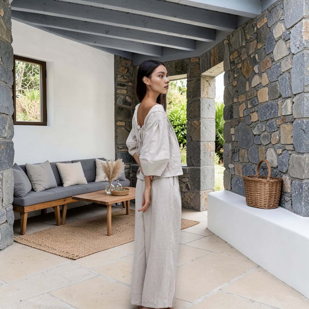 Boat Neck Linen Top, Balloon Sleeves Linen Top