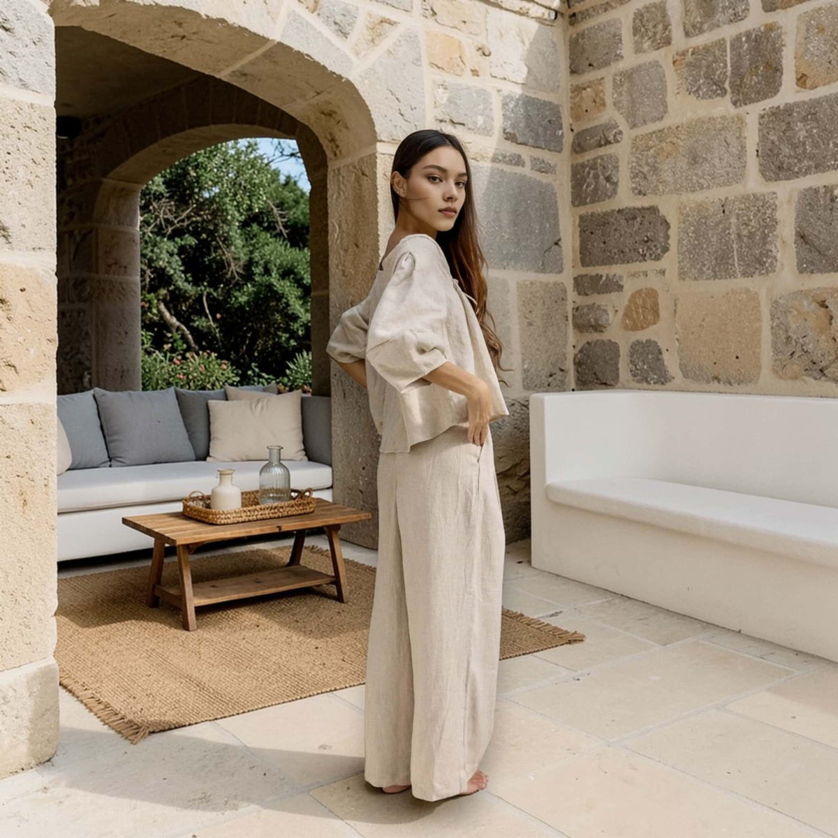 Boat Neck Linen Top, Balloon Sleeves Linen Top