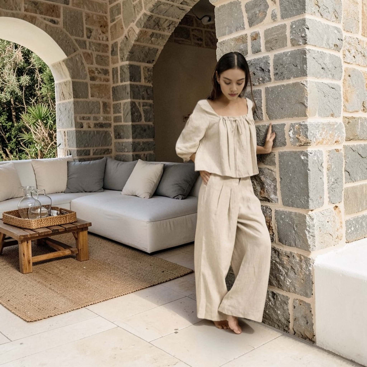 Boat Neck Linen Top, Balloon Sleeves Linen Top