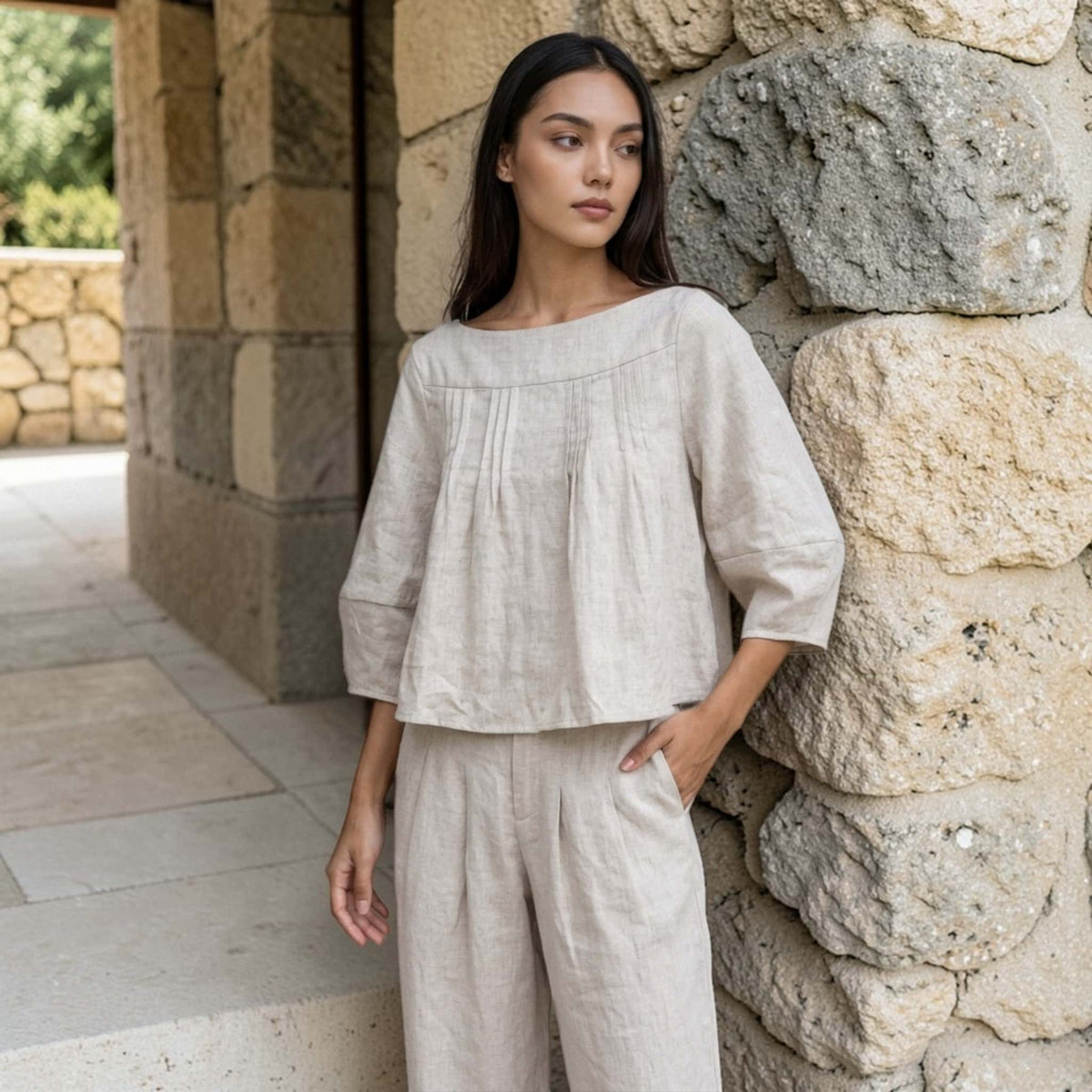 Boat Neck Linen Top, Balloon Sleeves Linen Top