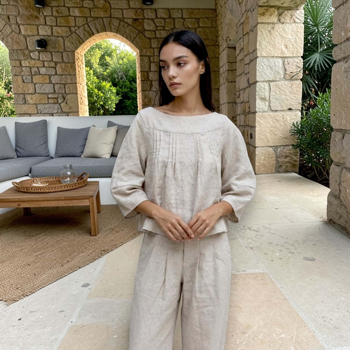 Boat Neck Linen Top, Balloon Sleeves Linen Top