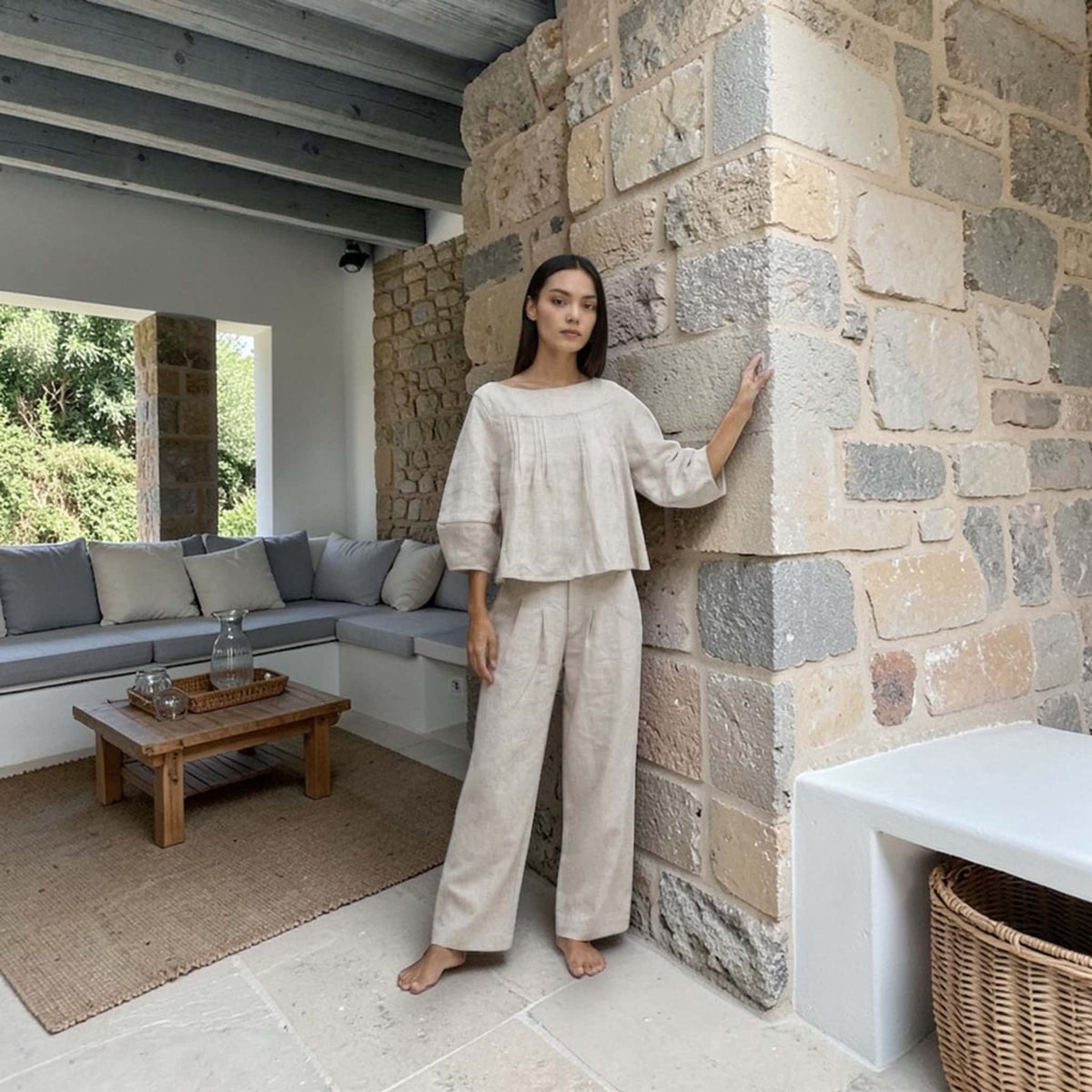 Boat Neck Linen Top, Balloon Sleeves Linen Top
