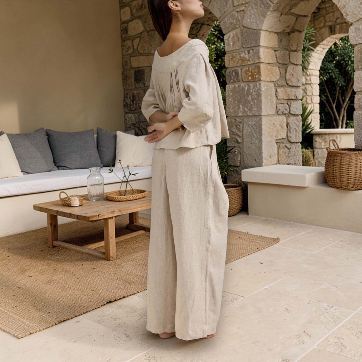 Boat Neck Linen Top, Balloon Sleeves Linen Top