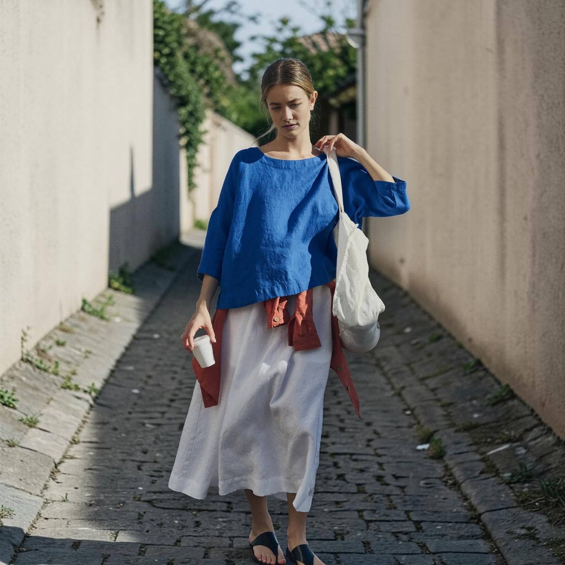 Boat Neck Linen Top, Relaxed 3/4 Sleeve
