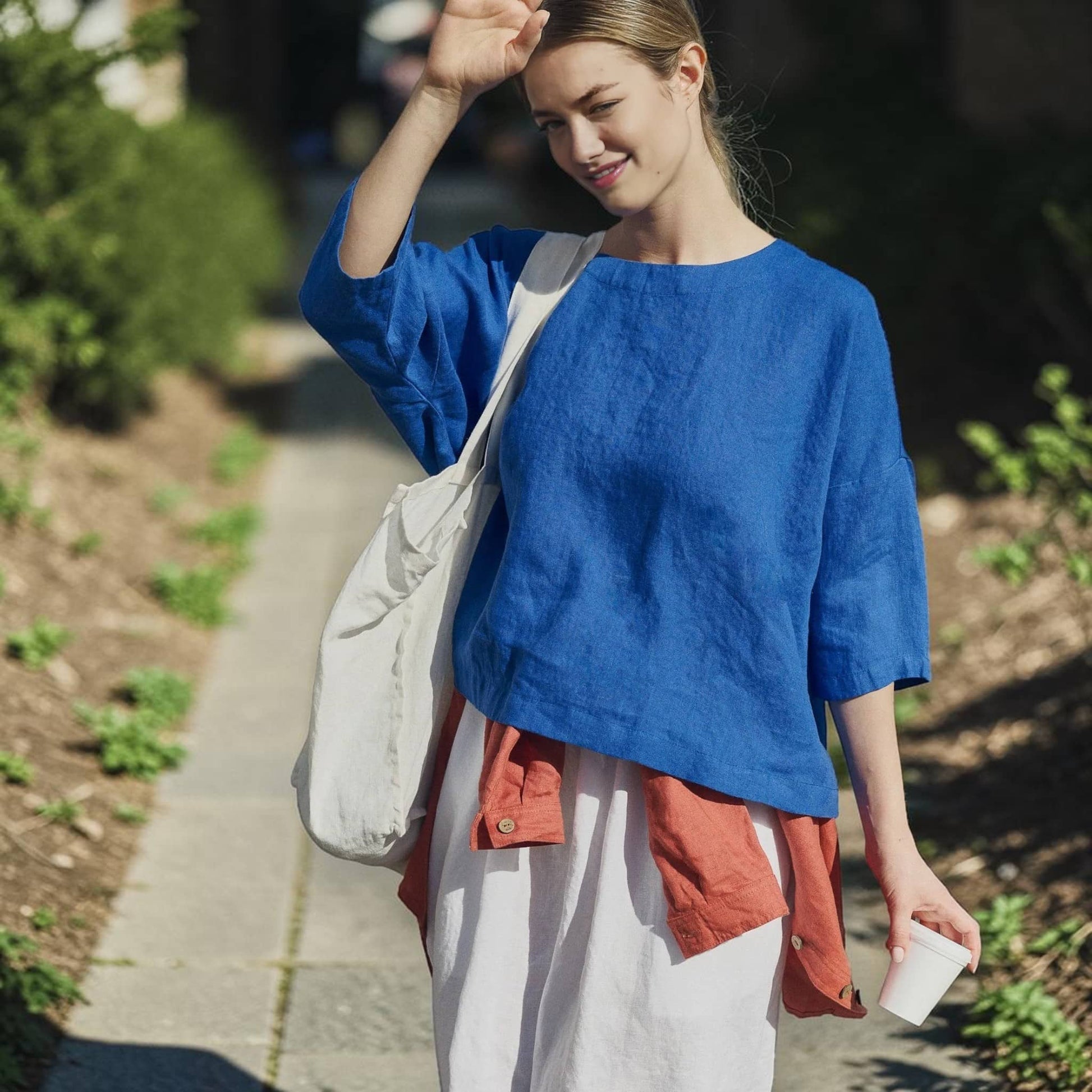 Boat Neck Linen Top, Relaxed 3/4 Sleeve