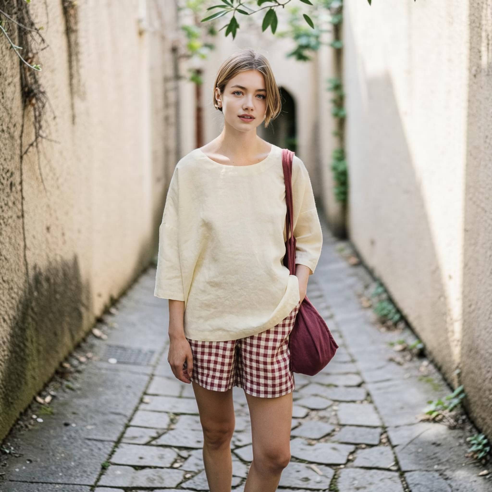 Boat Neck Linen Top, Relaxed 3/4 Sleeve