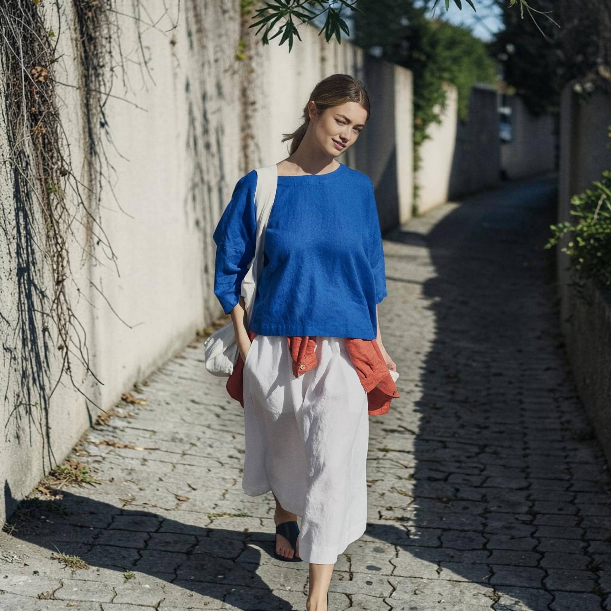 Boat Neck Linen Top, Relaxed 3/4 Sleeve
