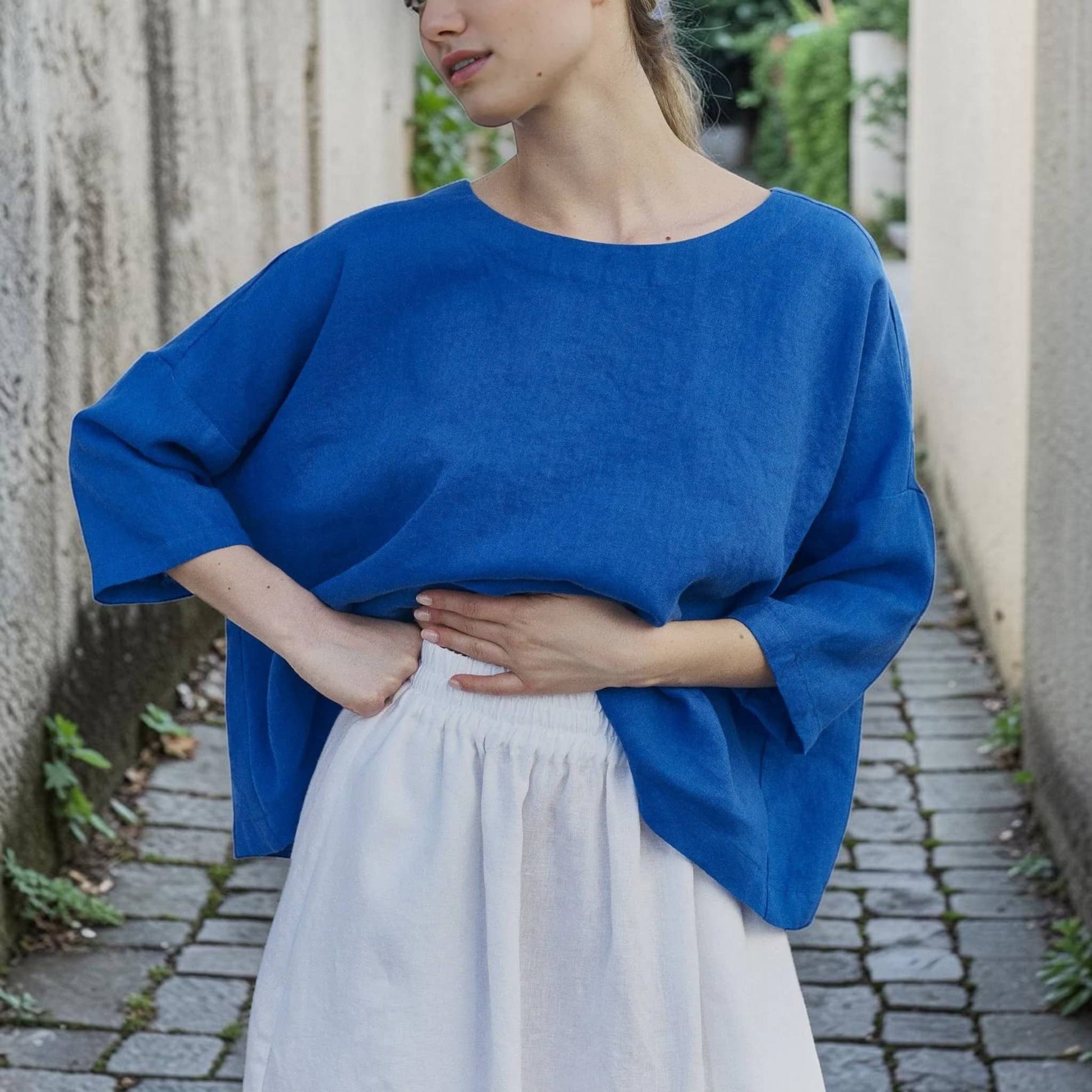 Boat Neck Linen Top, Relaxed 3/4 Sleeve