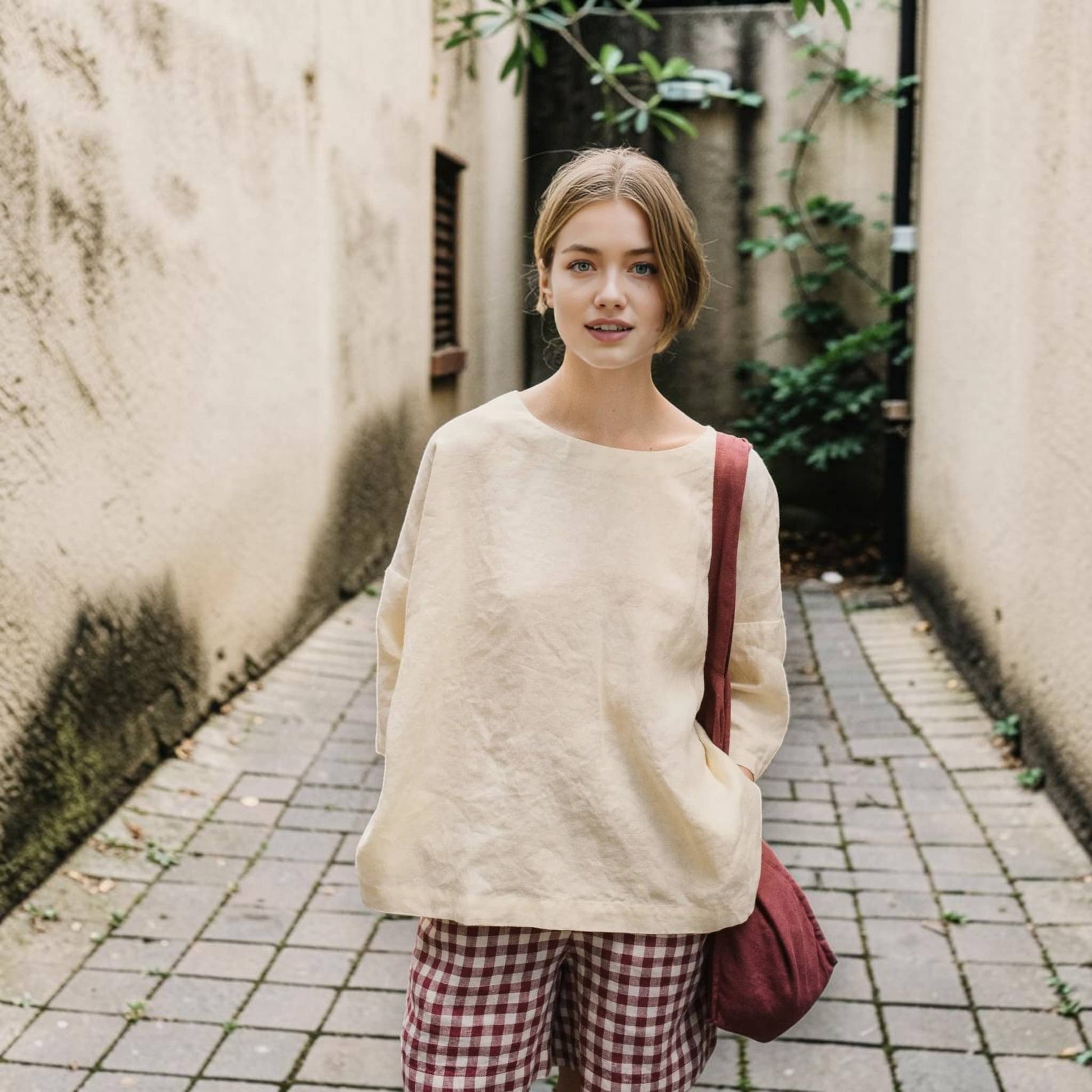 Boat Neck Linen Top, Relaxed 3/4 Sleeve