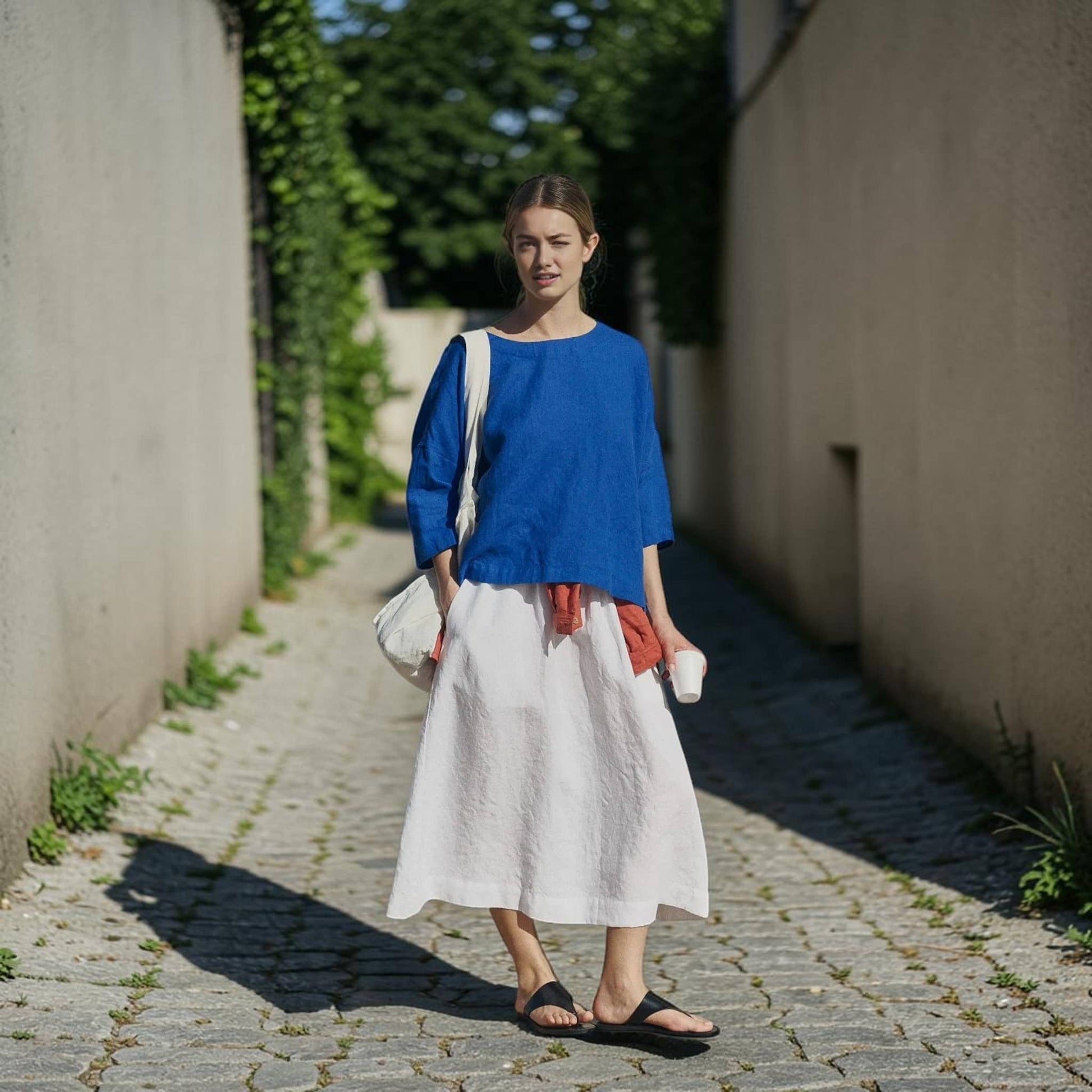 Boat Neck Linen Top, Relaxed 3/4 Sleeve