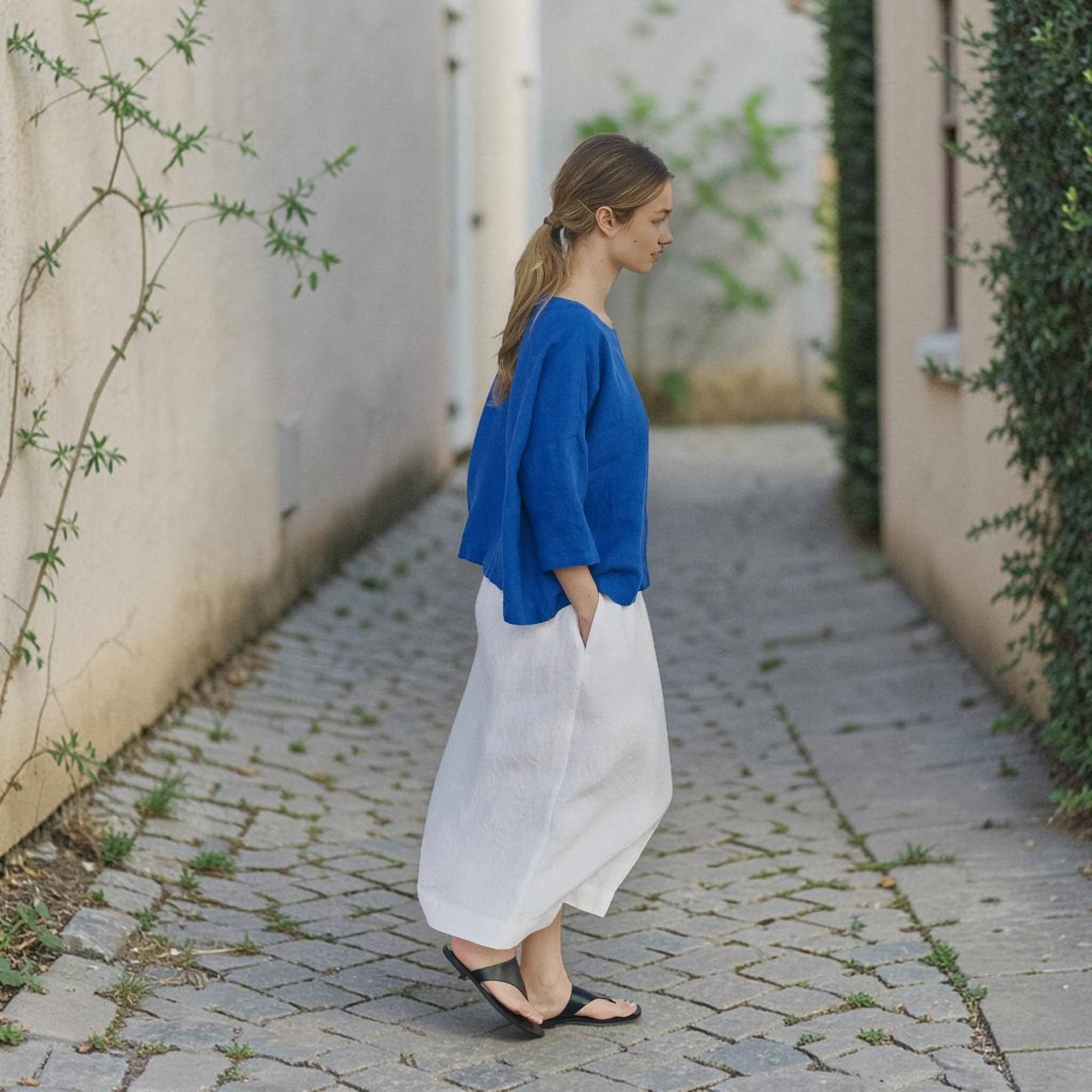 Boat Neck Linen Top, Relaxed 3/4 Sleeve