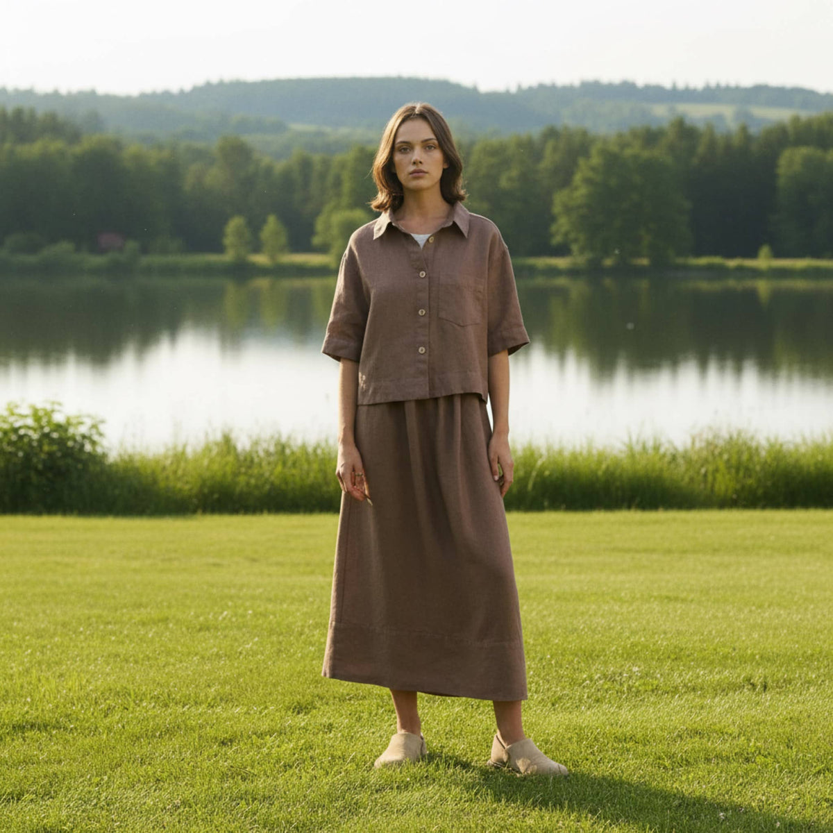 Boxy Cropped Linen Shirt, Short Wide Sleeves