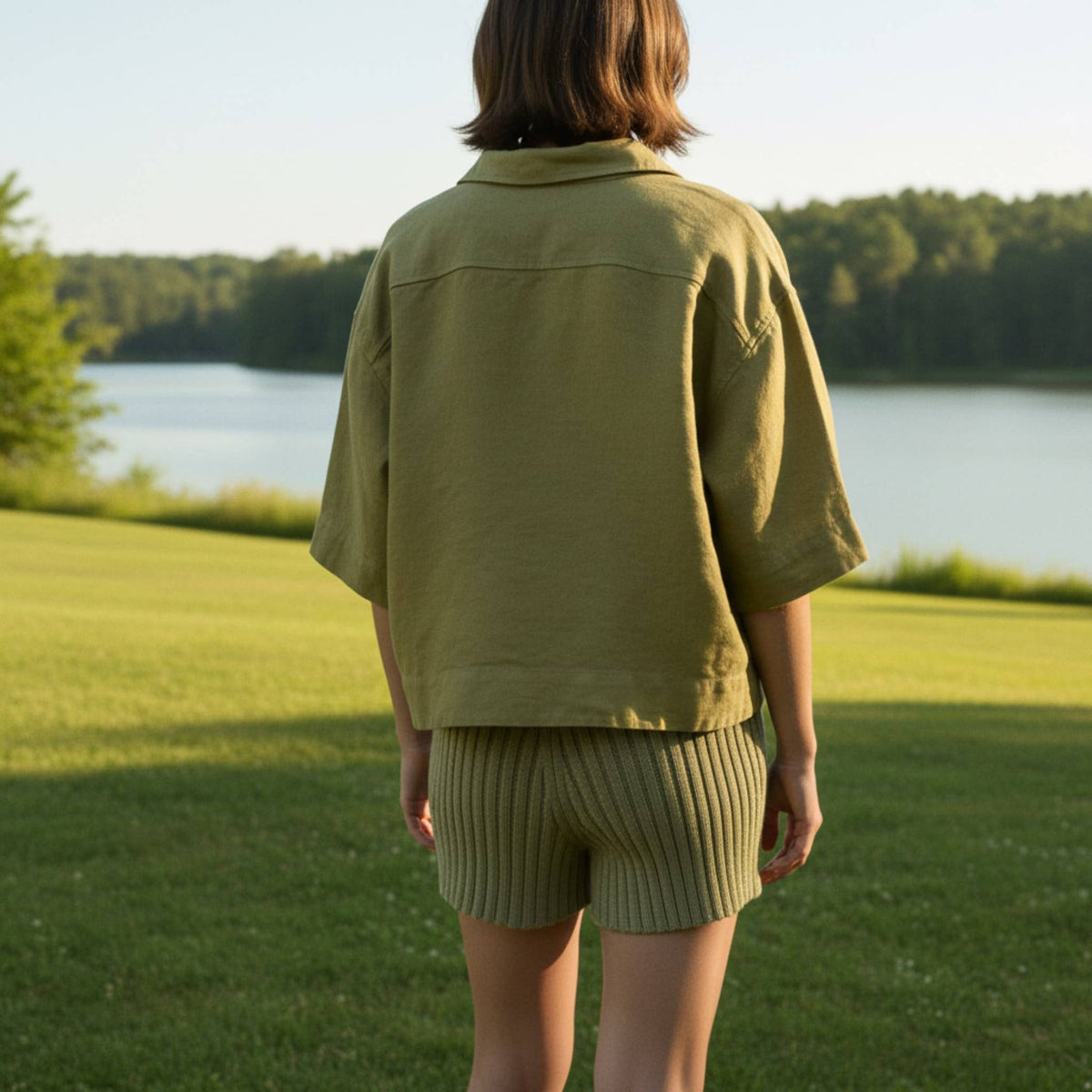 Boxy Cropped Linen Shirt, Short Wide Sleeves