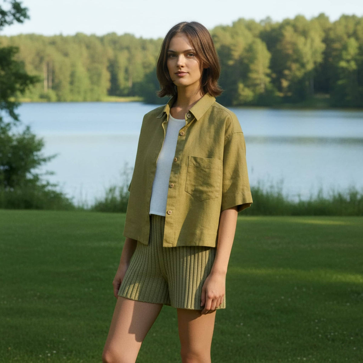 Boxy Cropped Linen Shirt, Short Wide Sleeves
