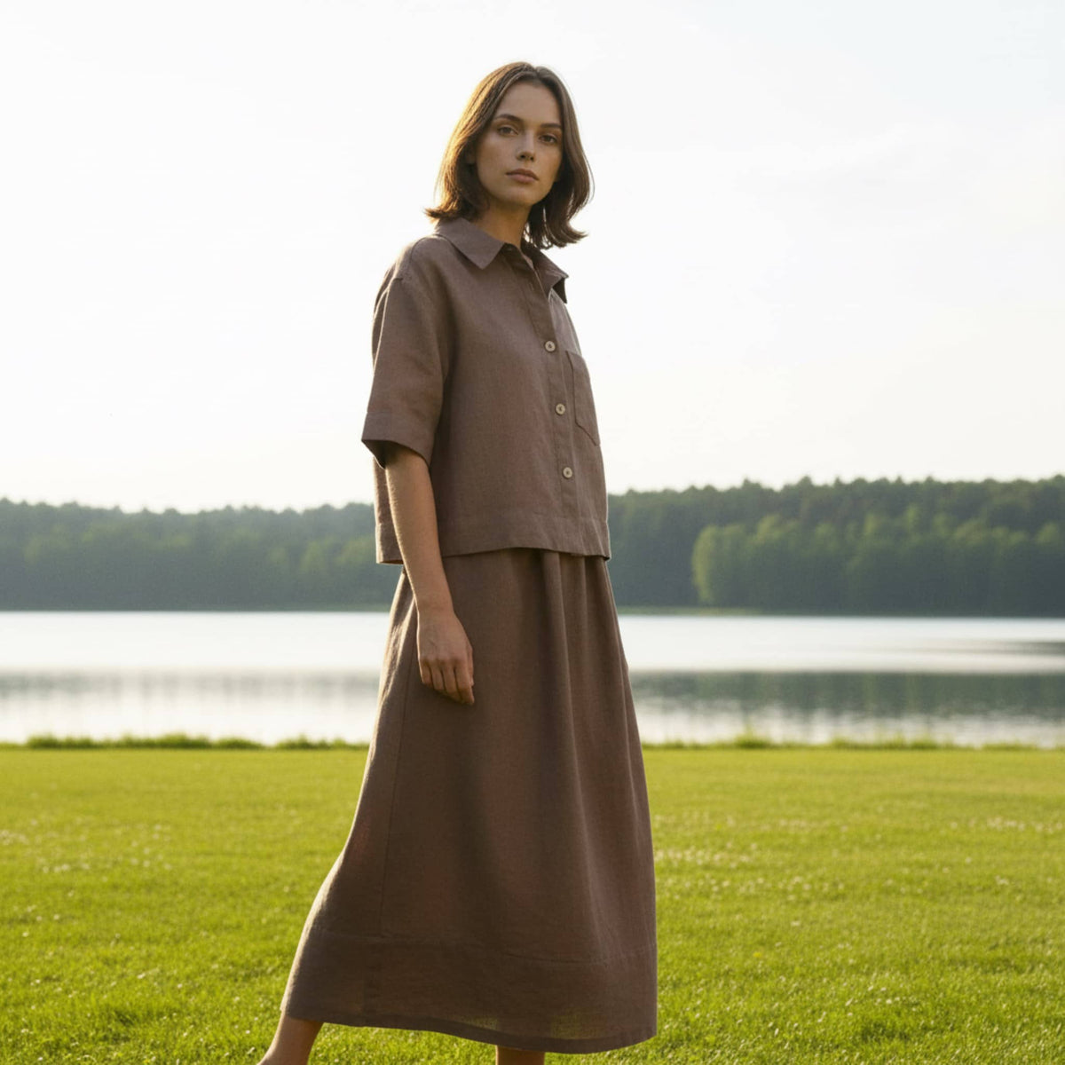 Boxy Cropped Linen Shirt, Short Wide Sleeves