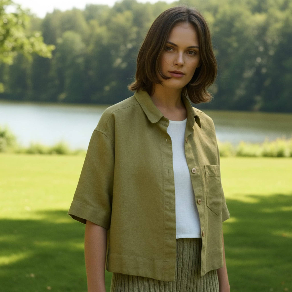 Boxy Cropped Linen Shirt, Short Wide Sleeves