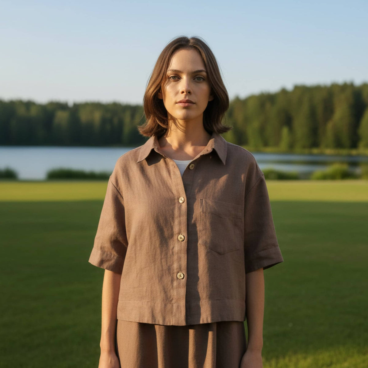 Boxy Cropped Linen Shirt, Short Wide Sleeves
