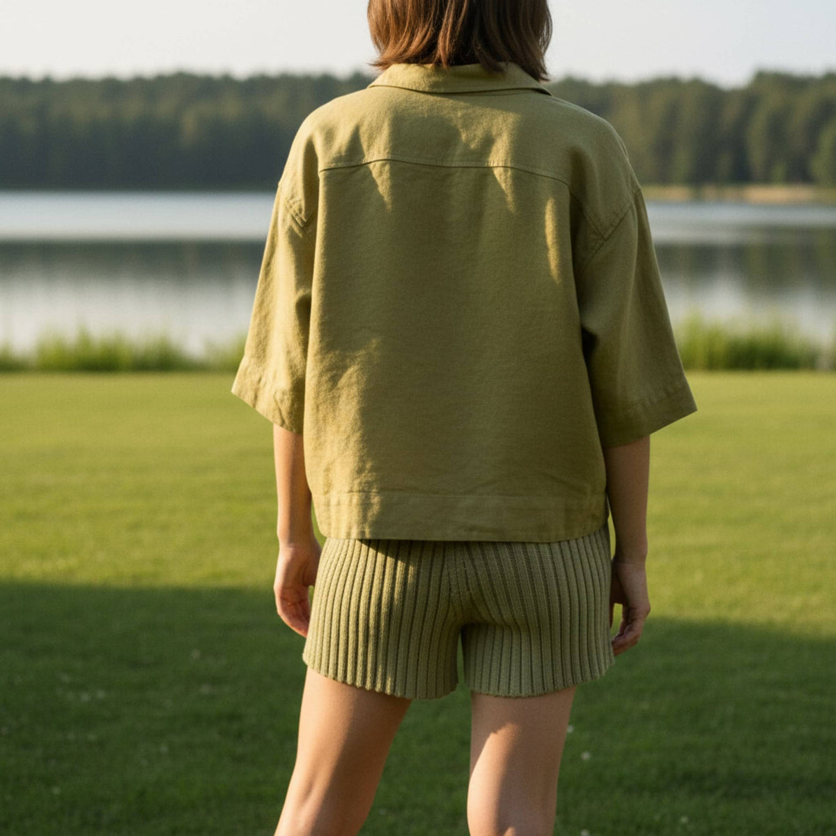 Boxy Cropped Linen Shirt, Short Wide Sleeves