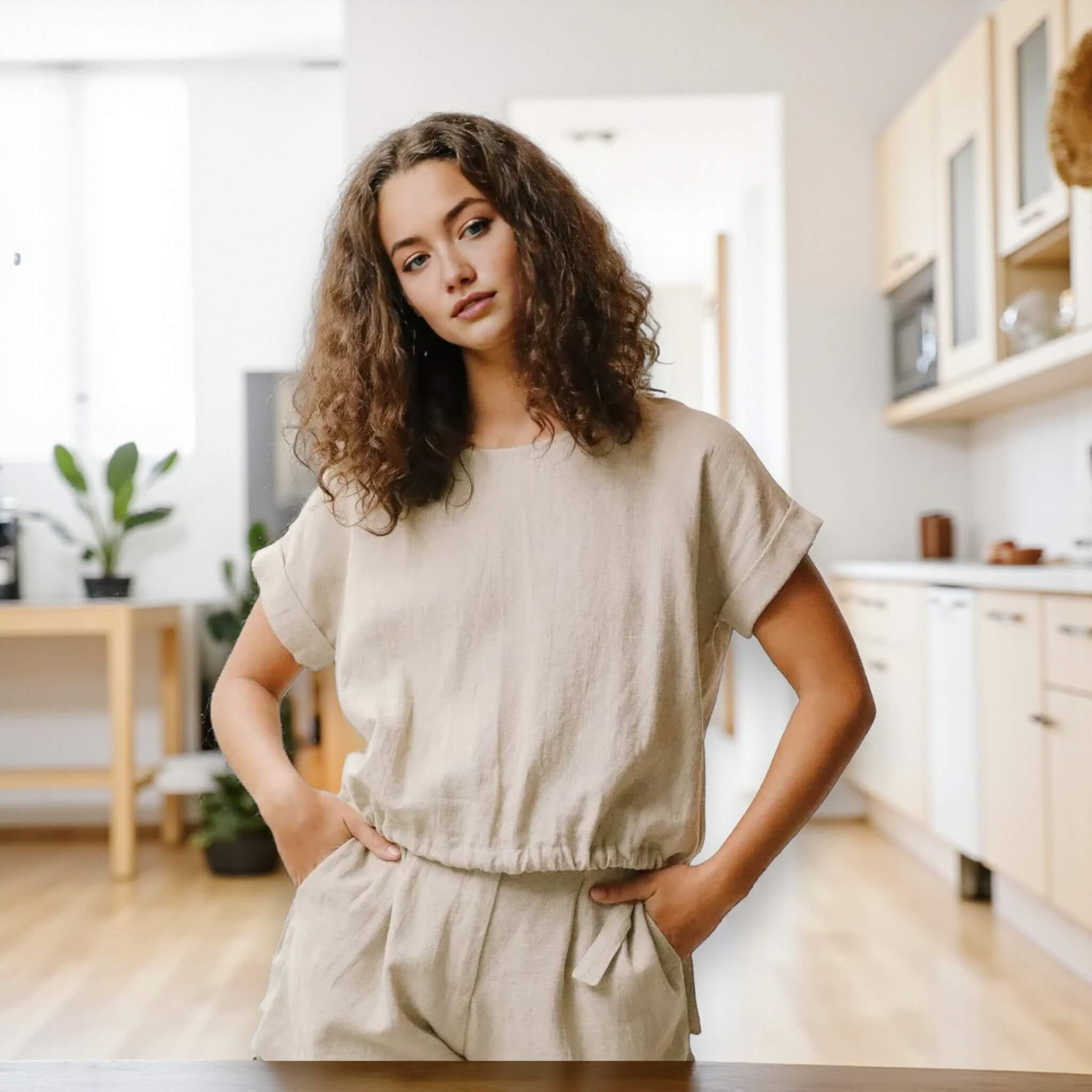 Boxy Linen Crop Top, Cropped Drawstring Linen Blouse