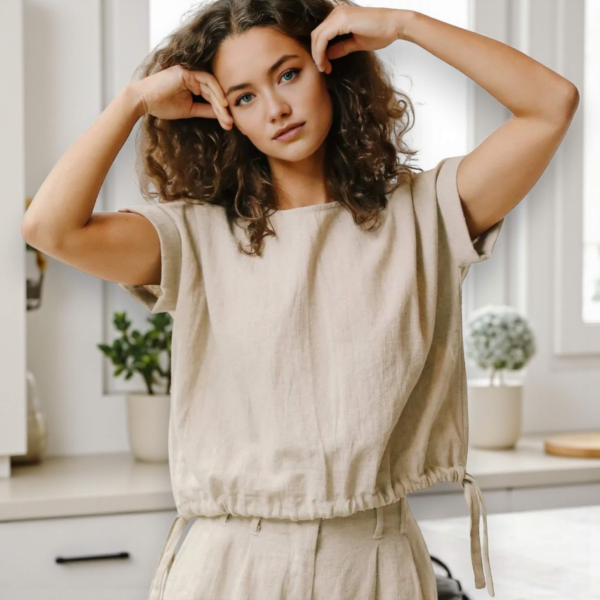Boxy Linen Crop Top, Cropped Drawstring Linen Blouse