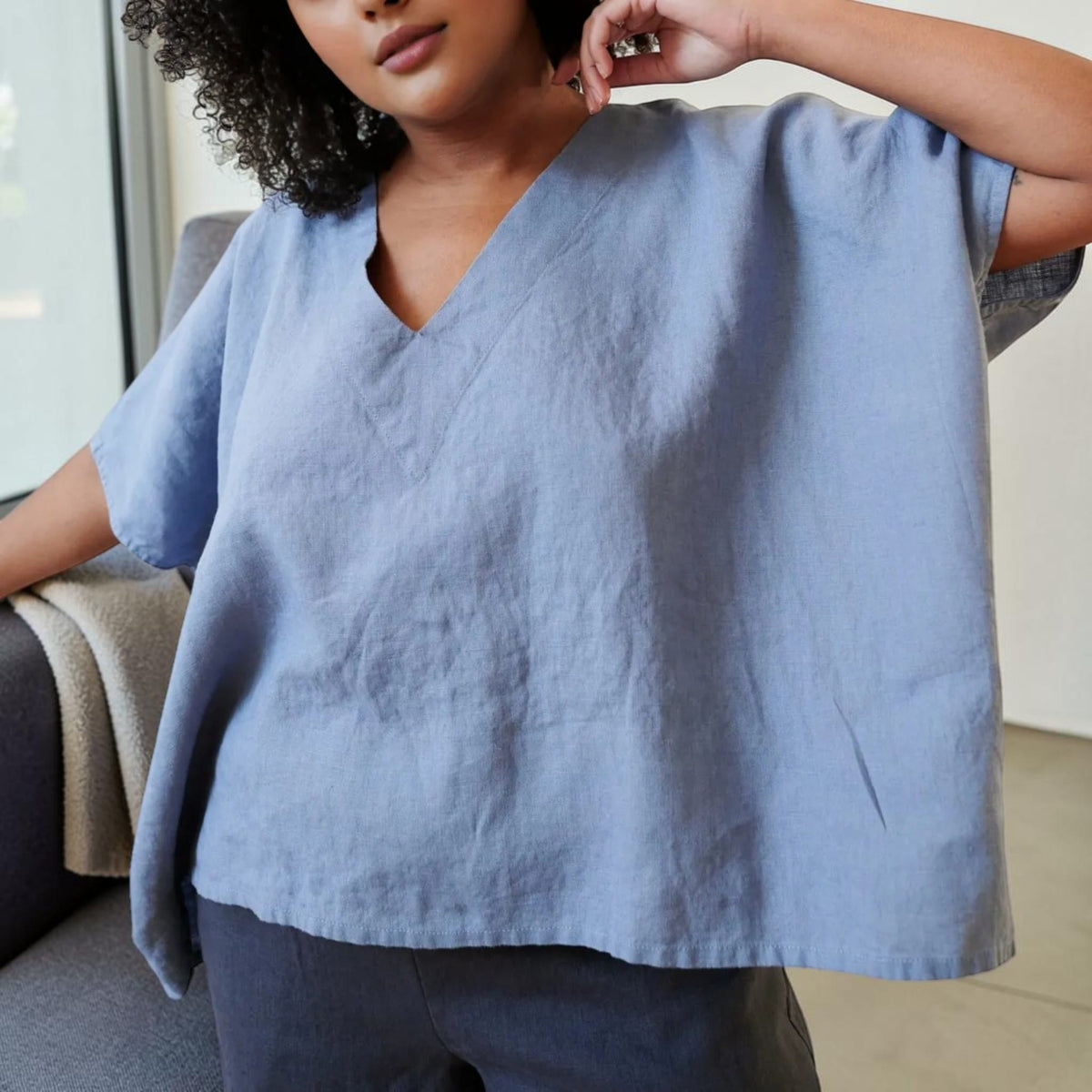 Boxy Linen Top, V Neck Wide Sleeve