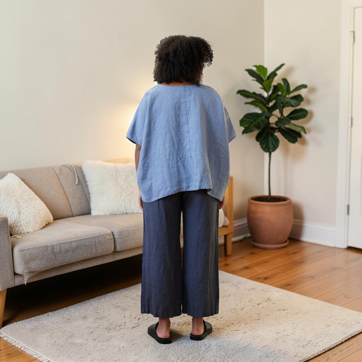 Boxy Linen Top, V Neck Wide Sleeve