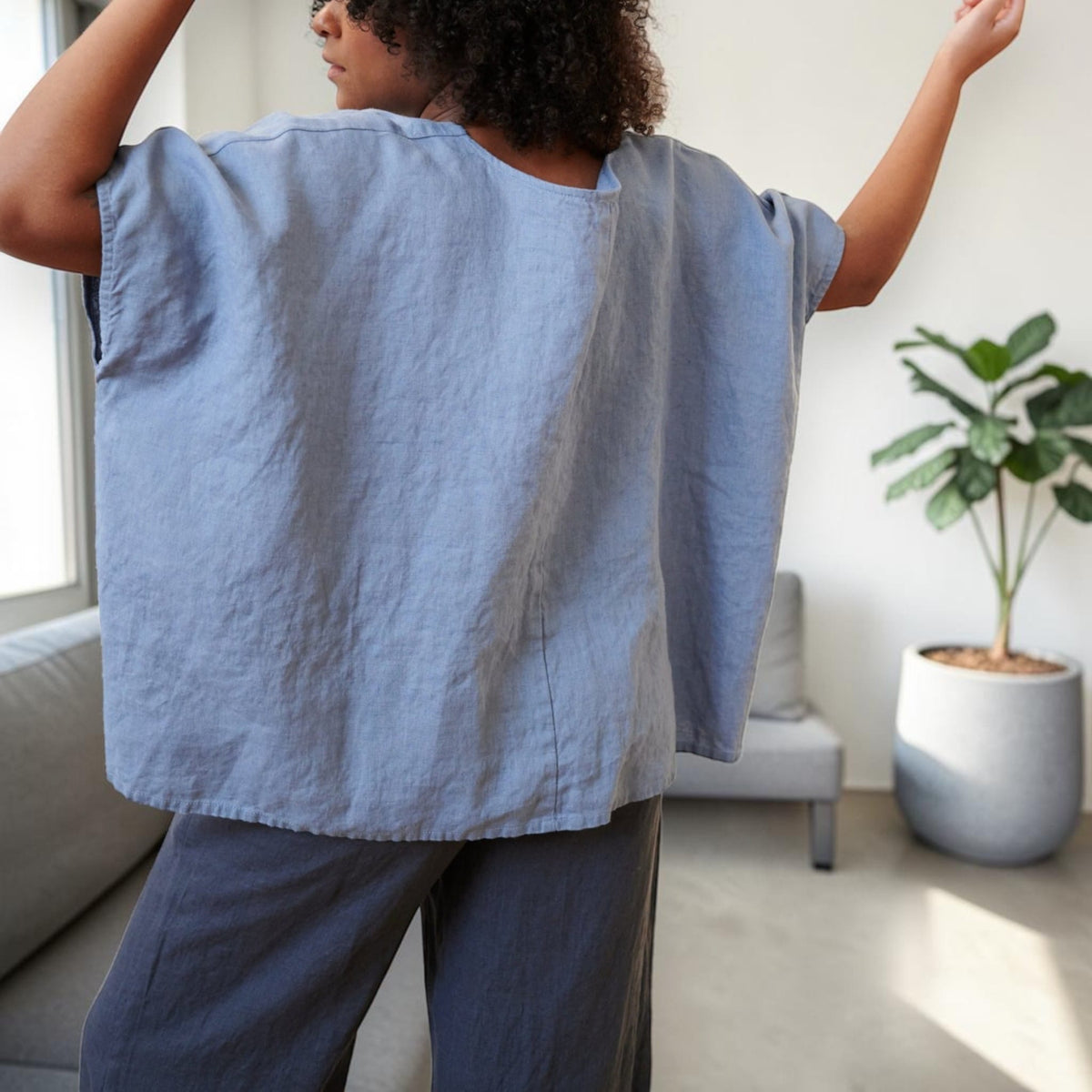 Boxy Linen Top, V Neck Wide Sleeve