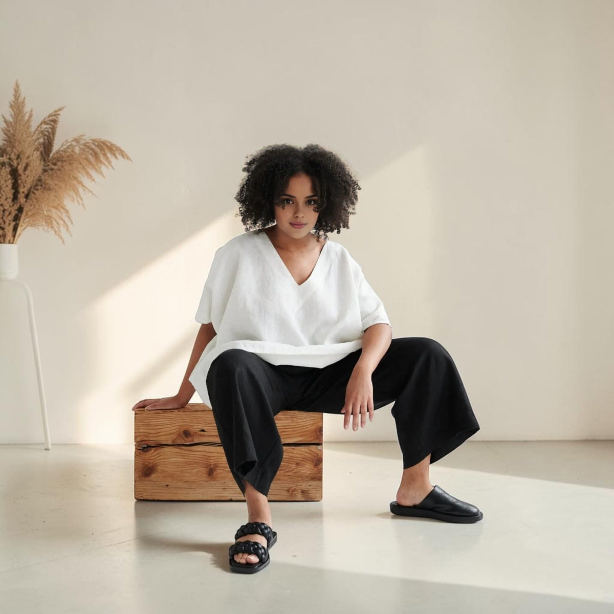 Boxy Linen Top, V Neck Wide Sleeve
