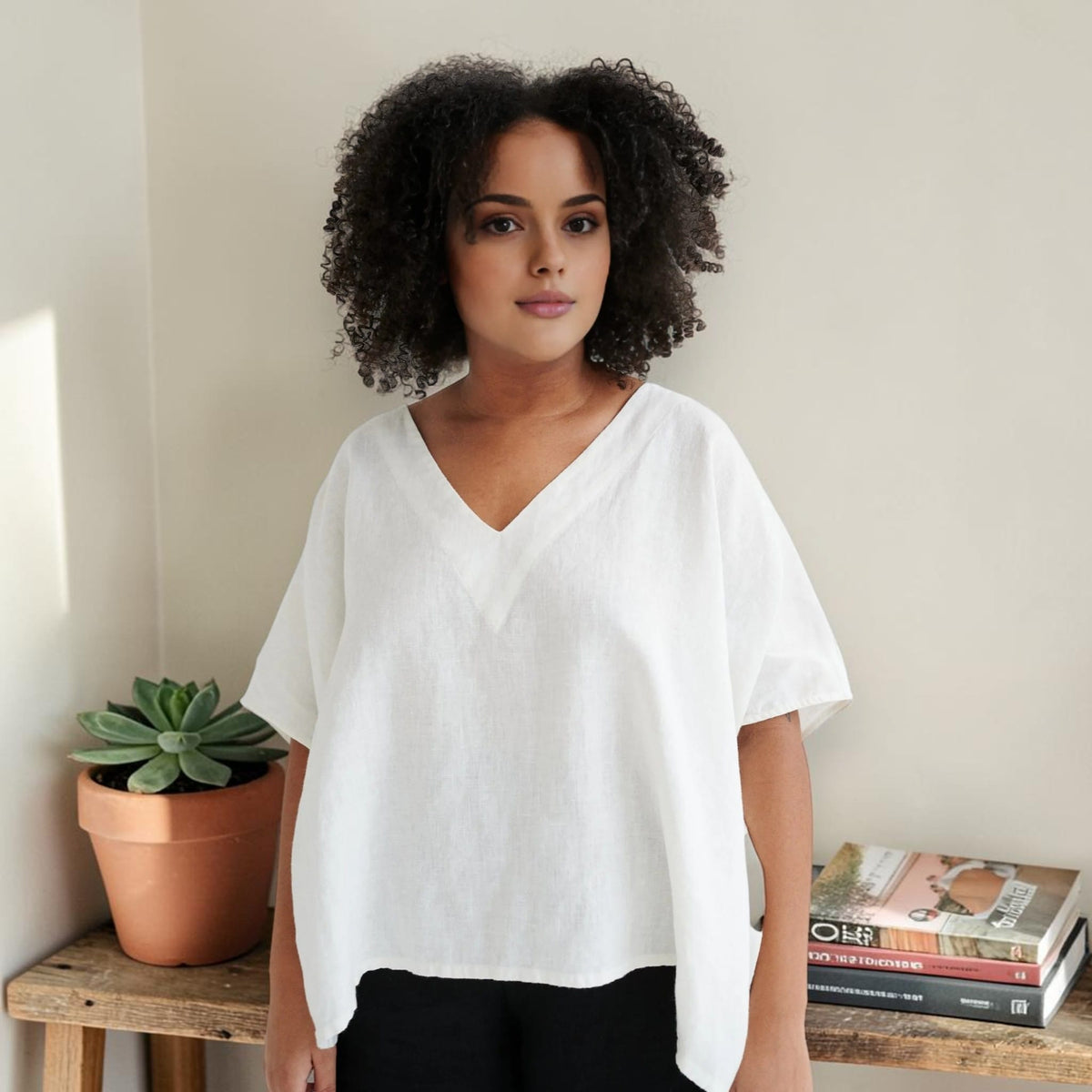 Boxy Linen Top, V Neck Wide Sleeve