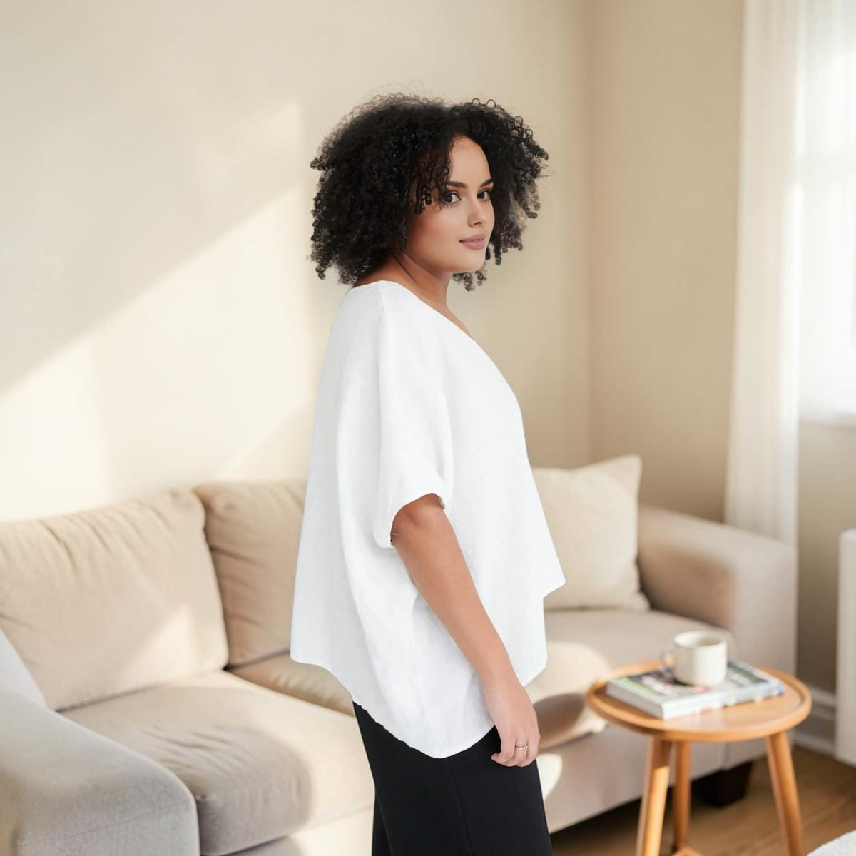 Boxy Linen Top, V Neck Wide Sleeve