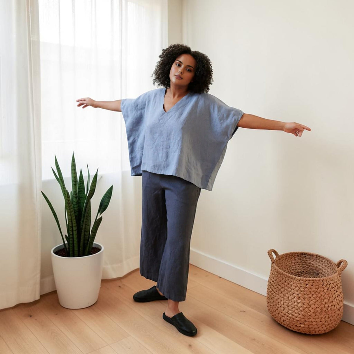 Boxy Linen Top, V Neck Wide Sleeve