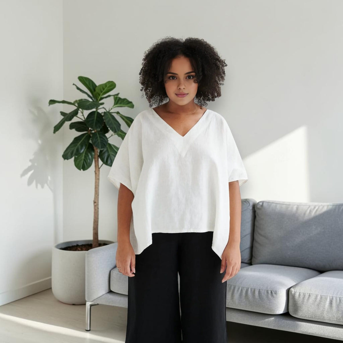 Boxy Linen Top, V Neck Wide Sleeve